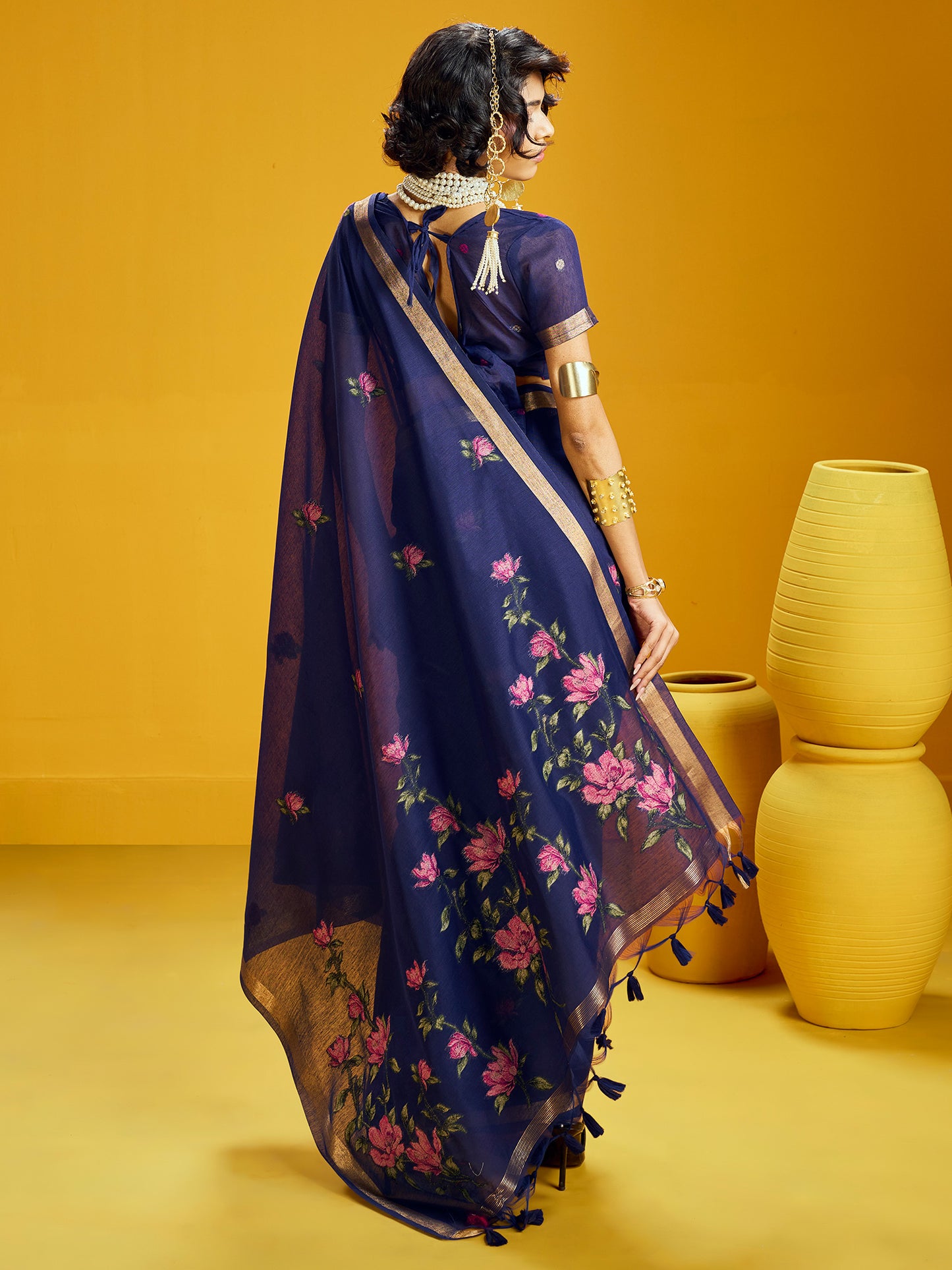 Women's Cotton Silk Navy Blue Woven Design Designer Saree With Blouse Piece