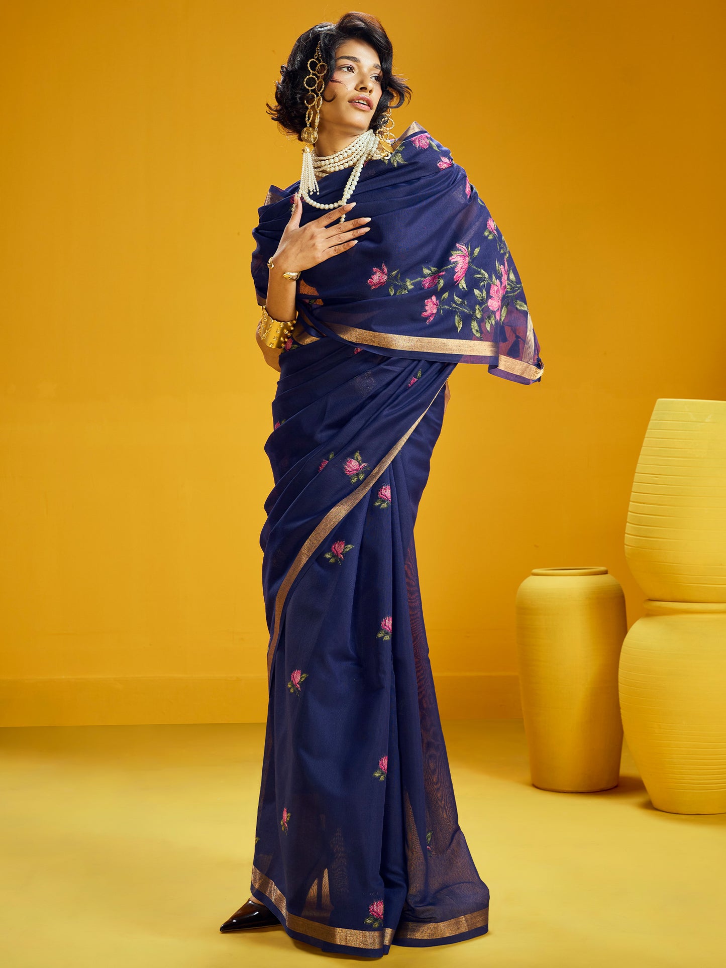 Women's Cotton Silk Navy Blue Woven Design Designer Saree With Blouse Piece