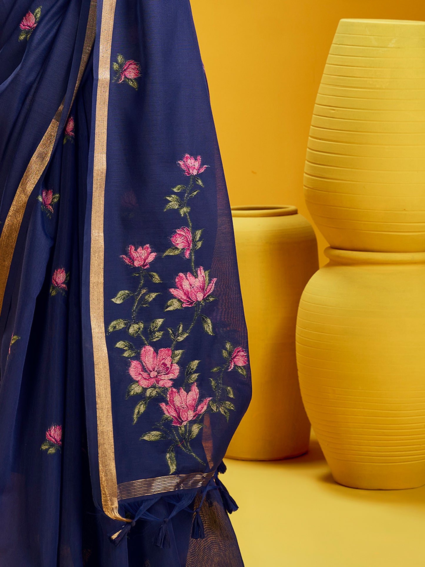 Women's Cotton Silk Navy Blue Woven Design Designer Saree With Blouse Piece