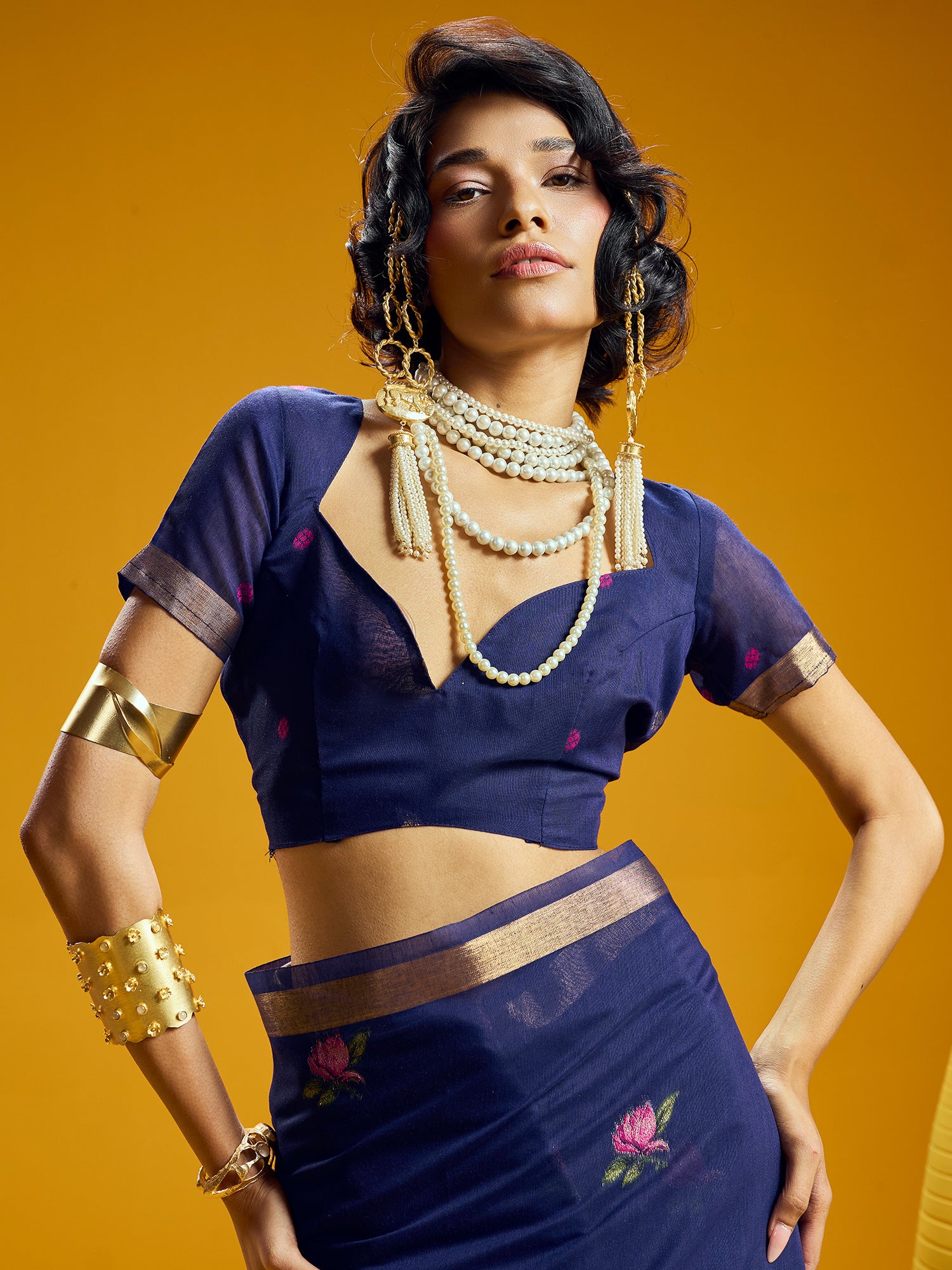 Women's Cotton Silk Navy Blue Woven Design Designer Saree With Blouse Piece