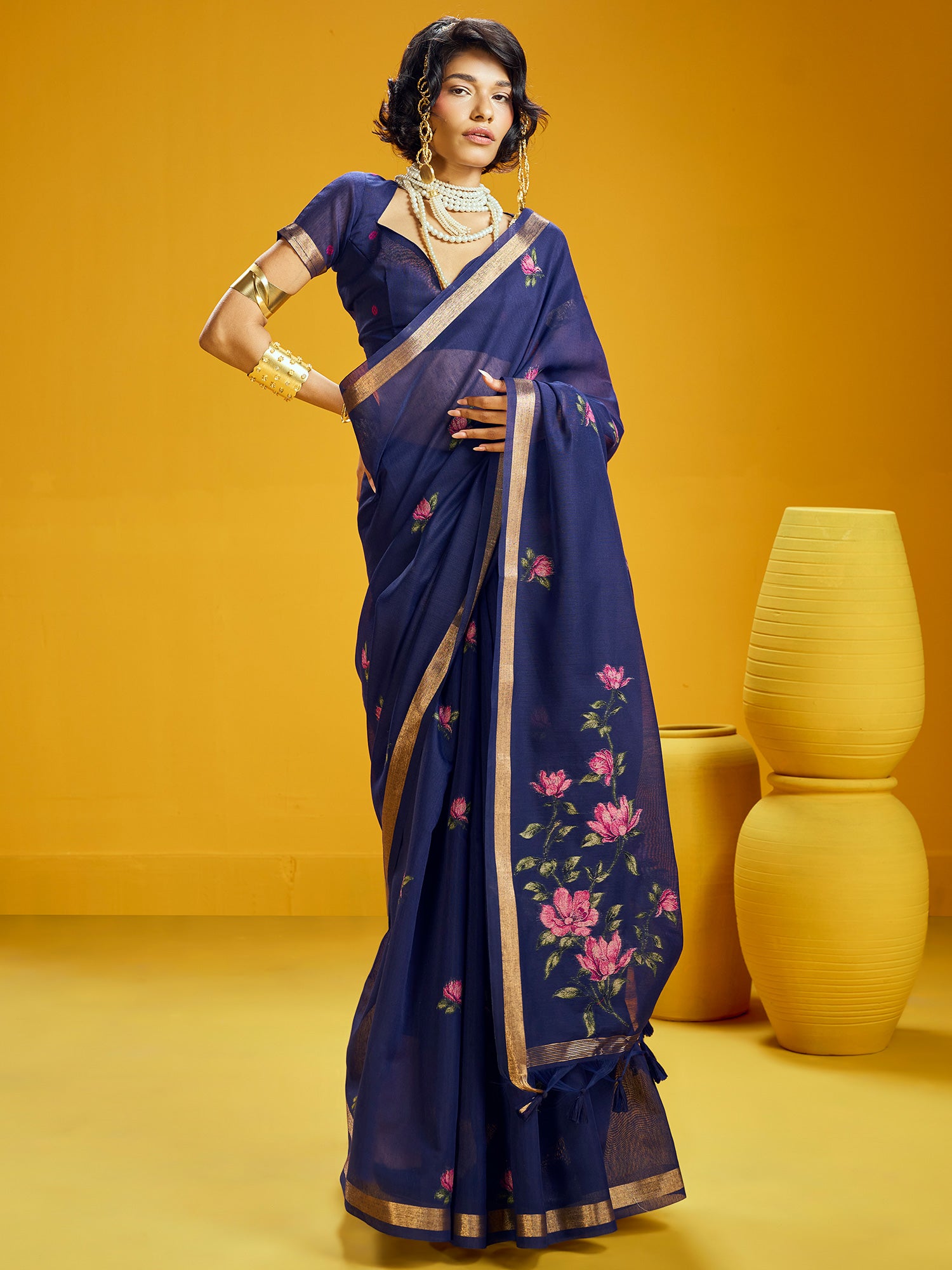 Women's Cotton Silk Navy Blue Woven Design Designer Saree With Blouse Piece