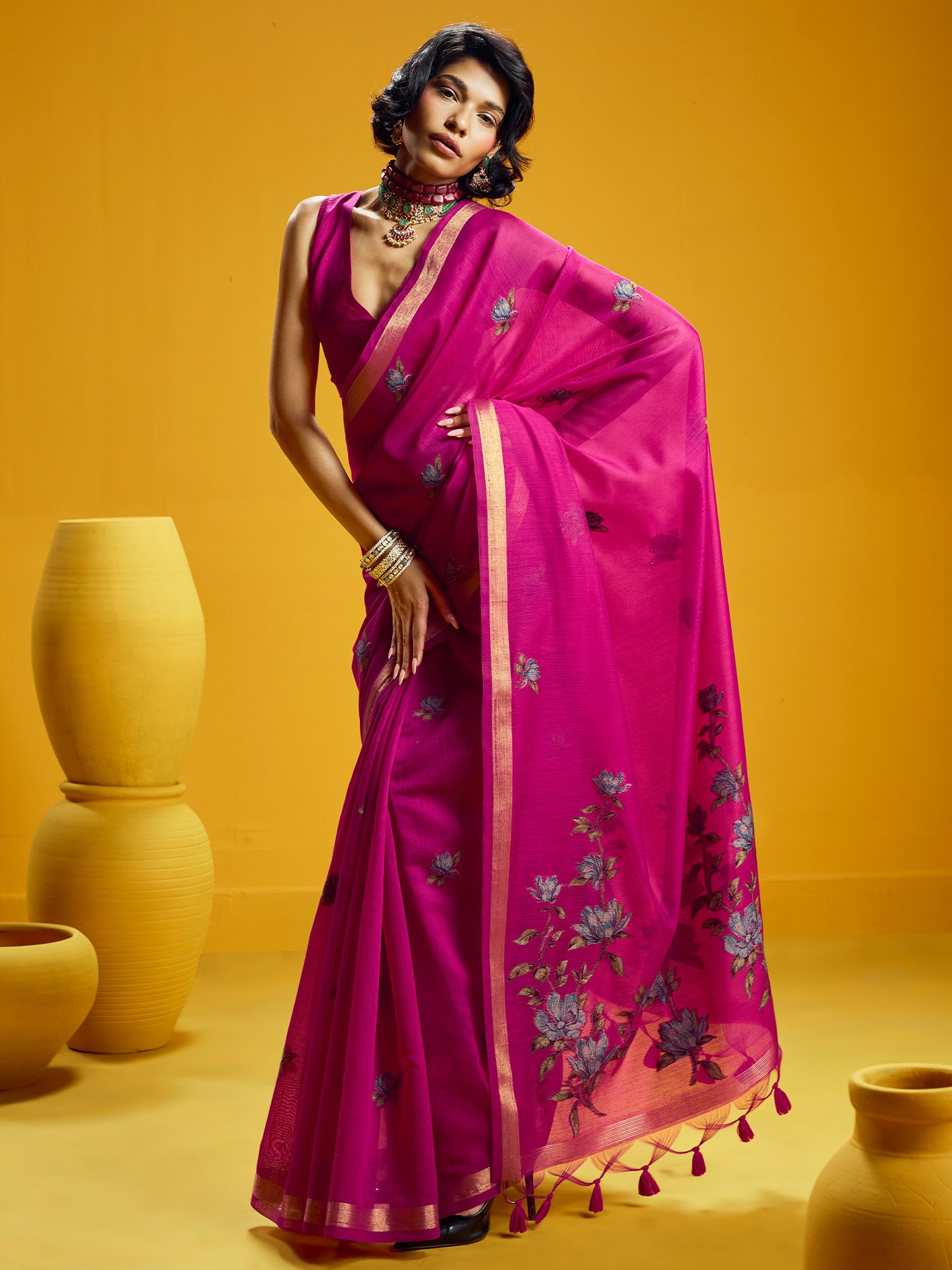 Women's Cotton Silk Pink Woven Design Designer Saree With Blouse Piece