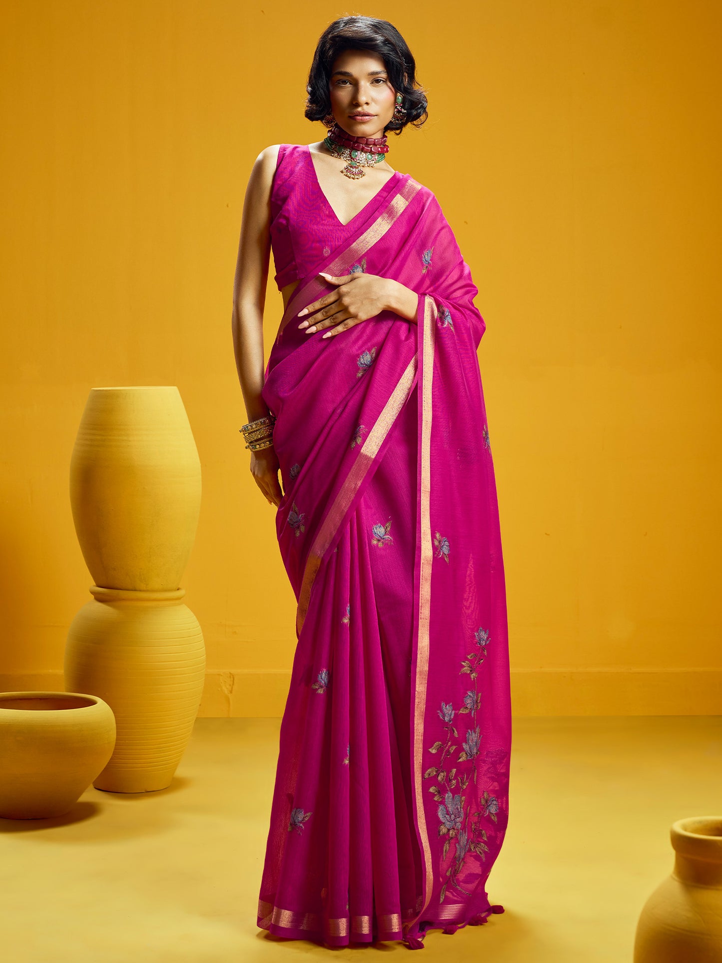 Women's Cotton Silk Pink Woven Design Designer Saree With Blouse Piece