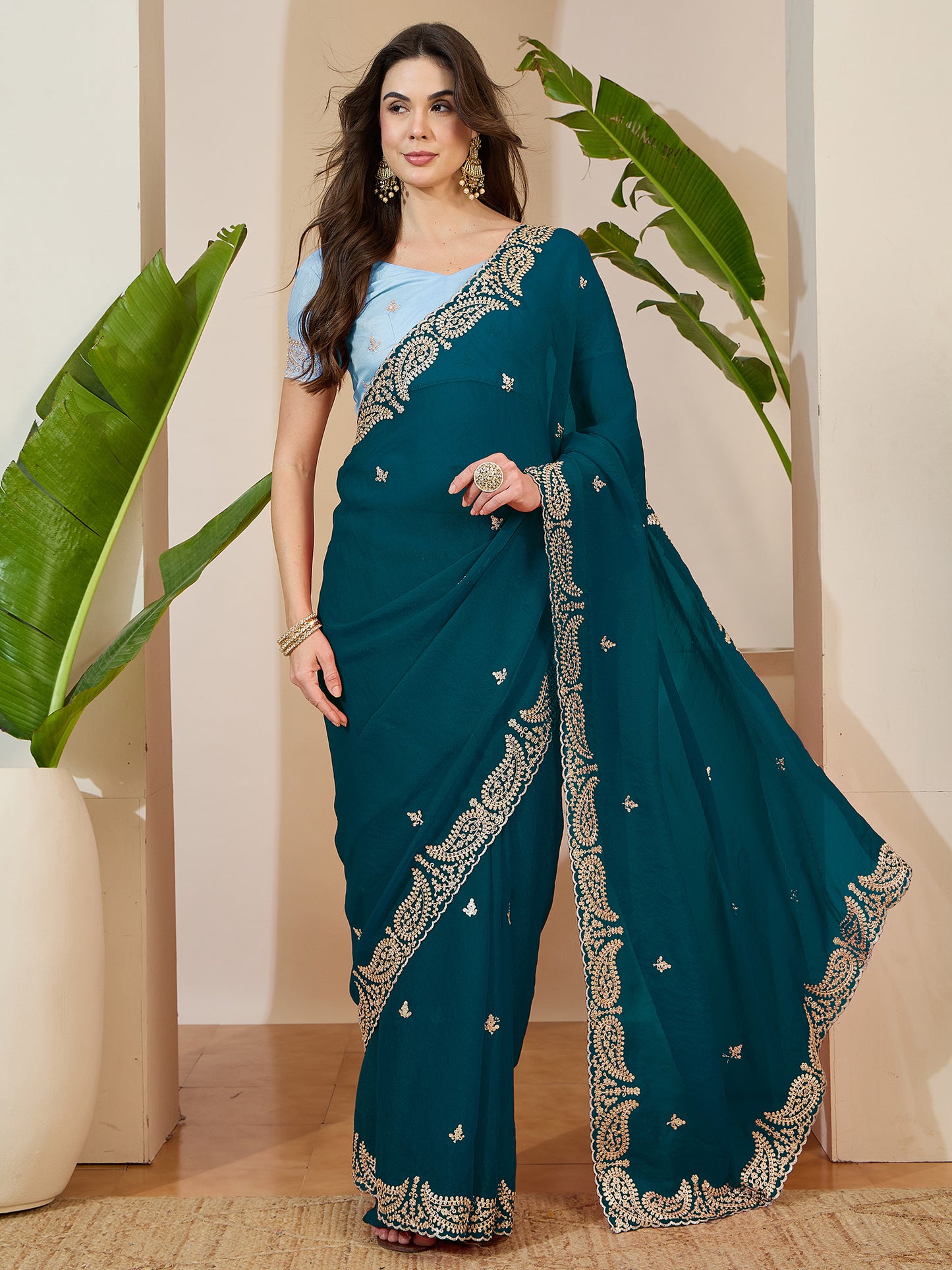 Women's Tissue Teal blue Zari Embroidered Designer Saree With Blouse Piece