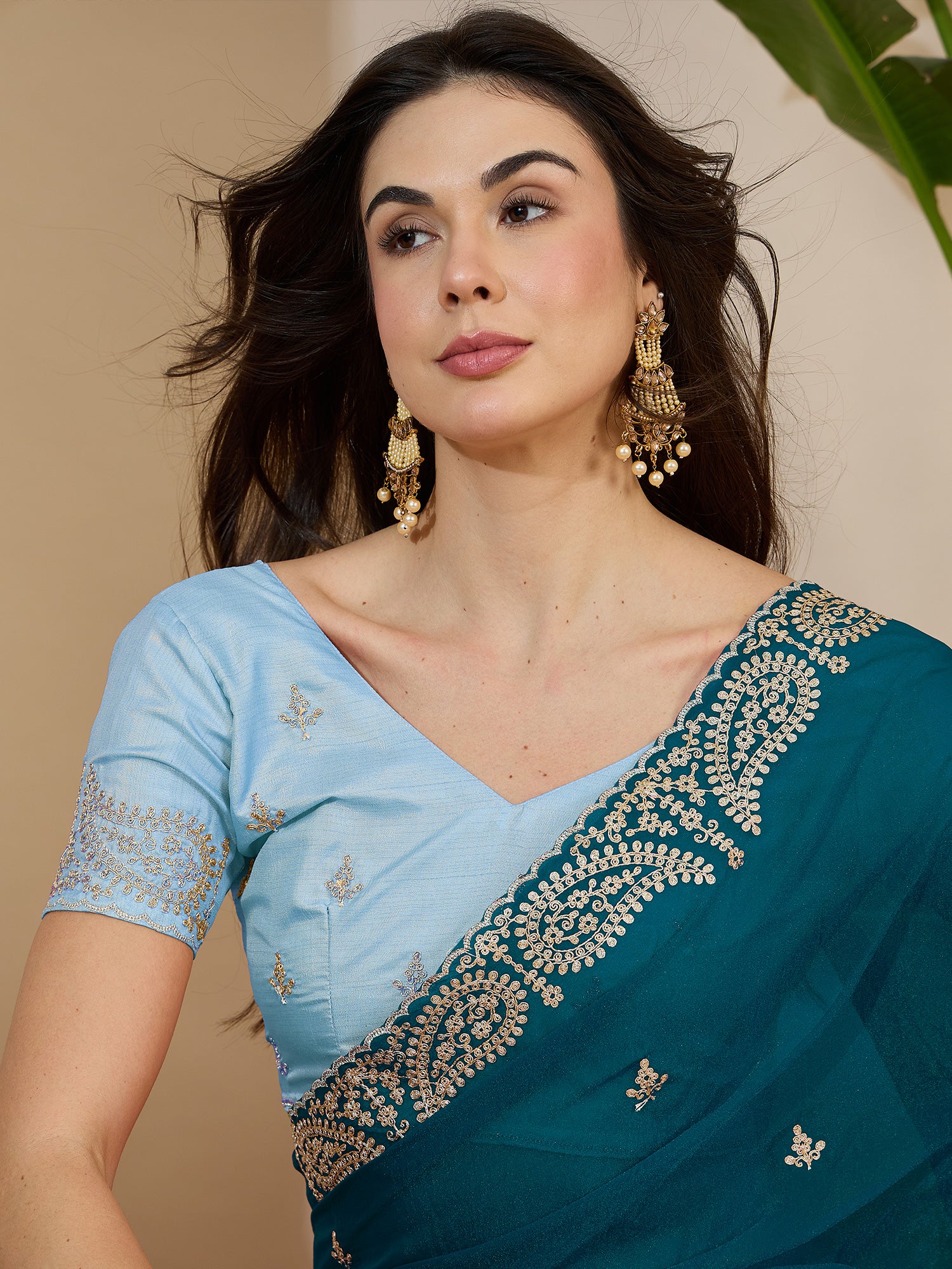 Women's Tissue Teal blue Zari Embroidered Designer Saree With Blouse Piece
