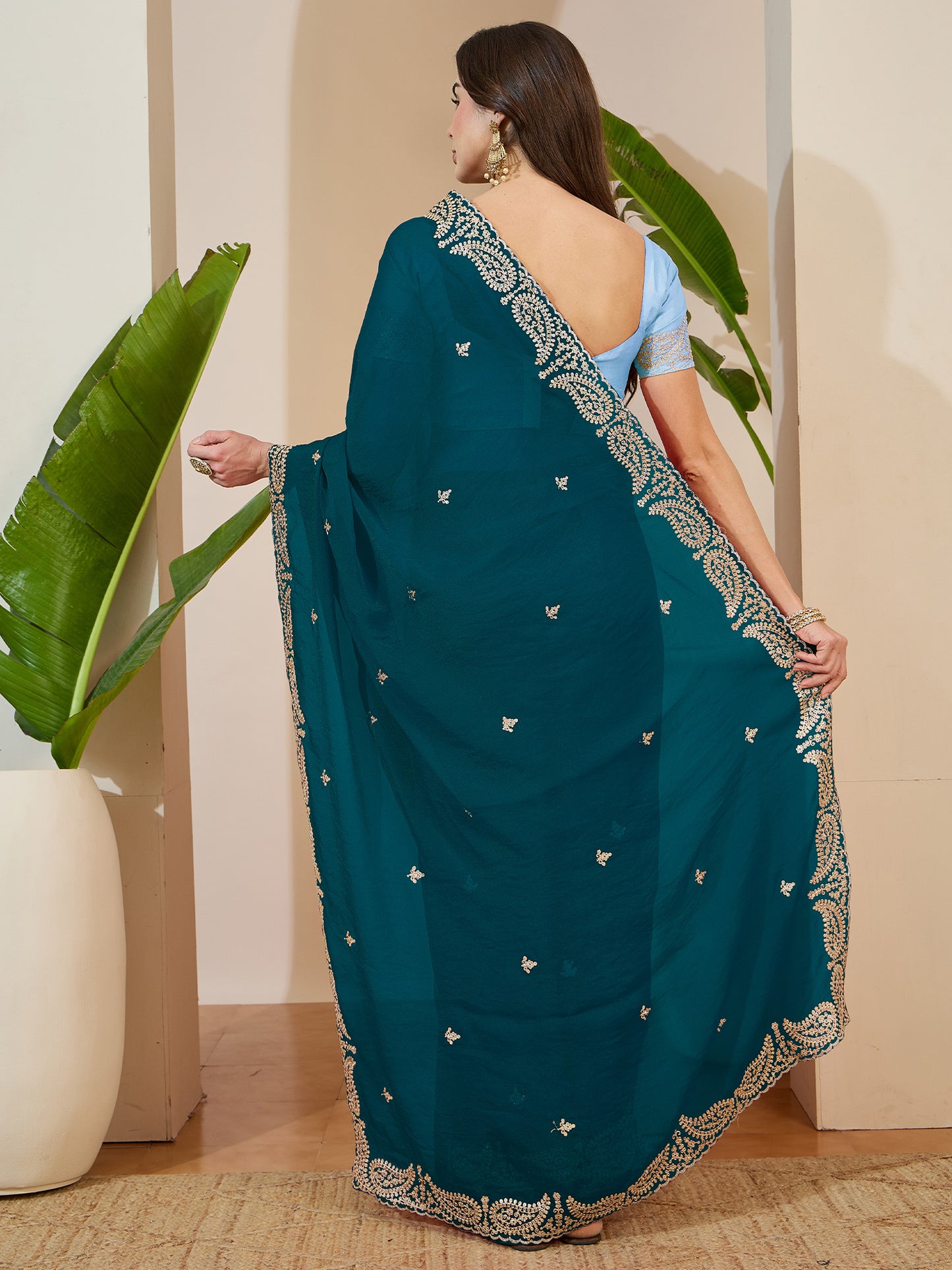 Women's Tissue Teal blue Zari Embroidered Designer Saree With Blouse Piece
