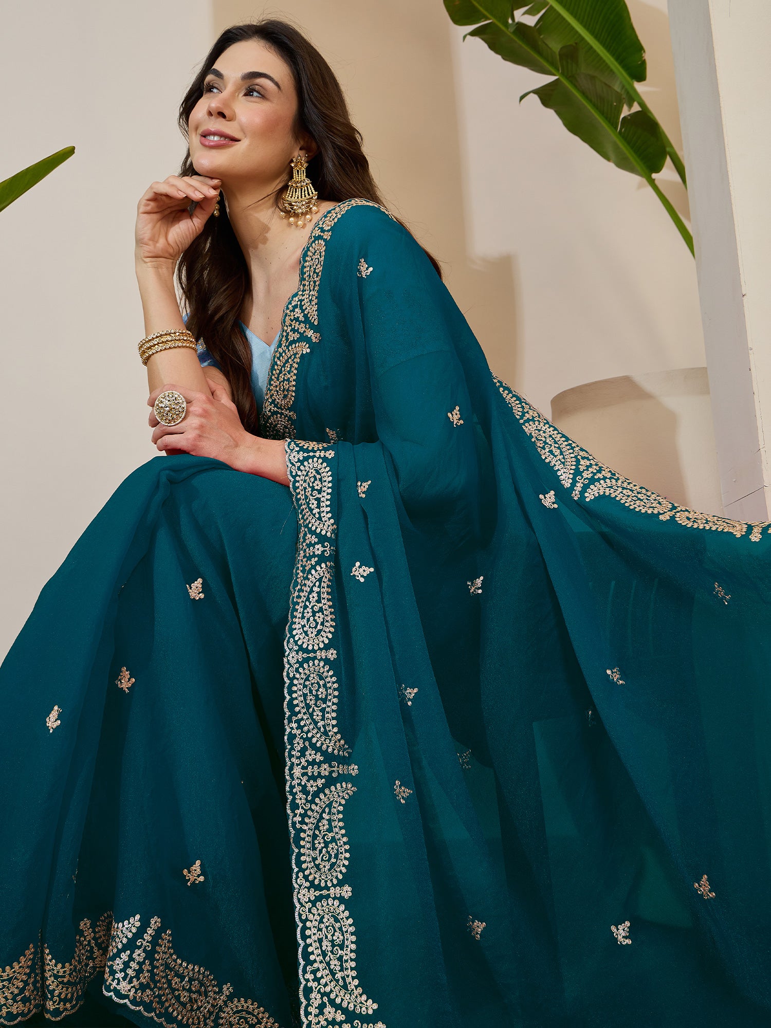 Women's Tissue Teal blue Zari Embroidered Designer Saree With Blouse Piece