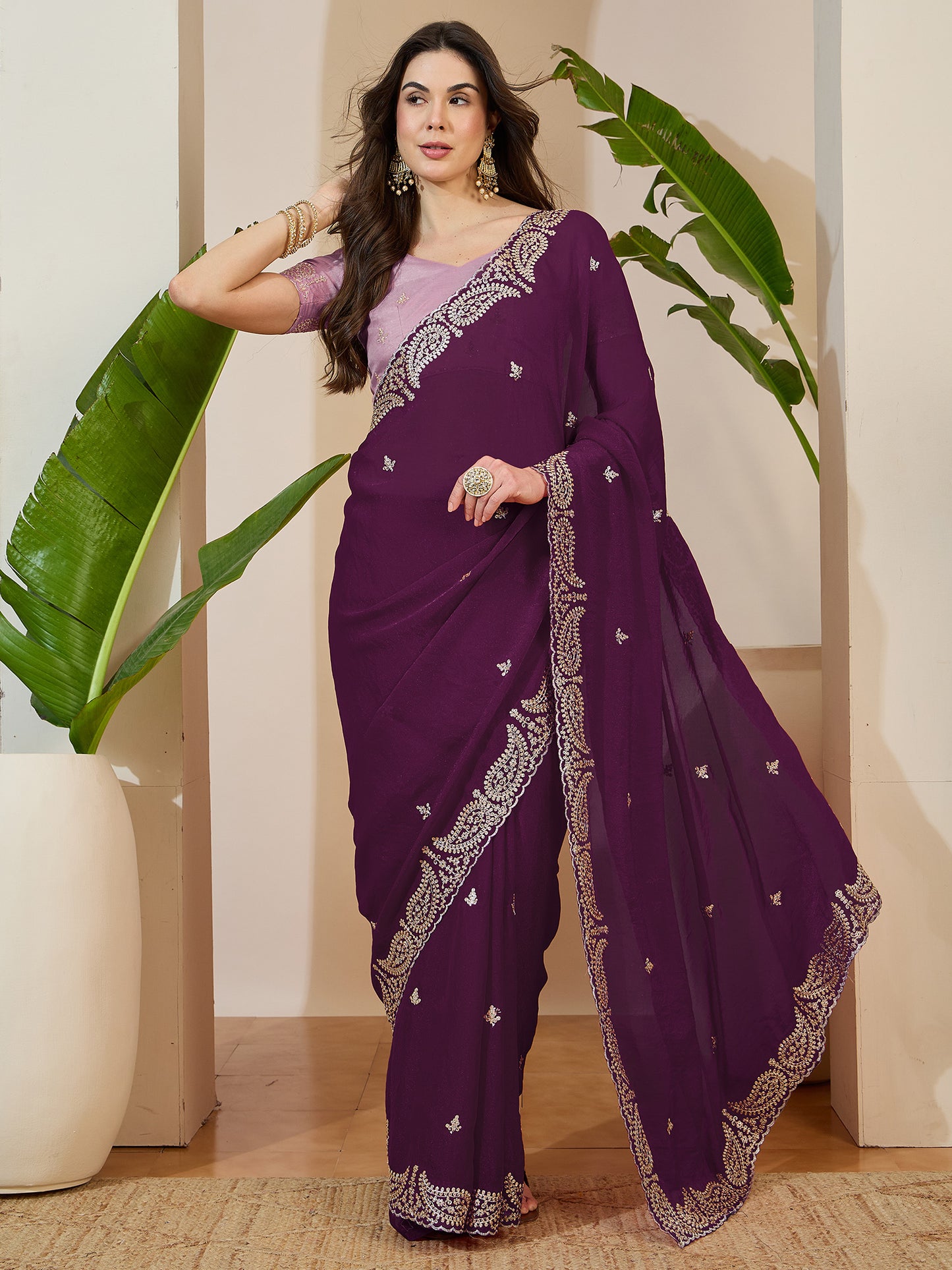 Women's Tissue Wine Zari Embroidered Designer Saree With Blouse Piece