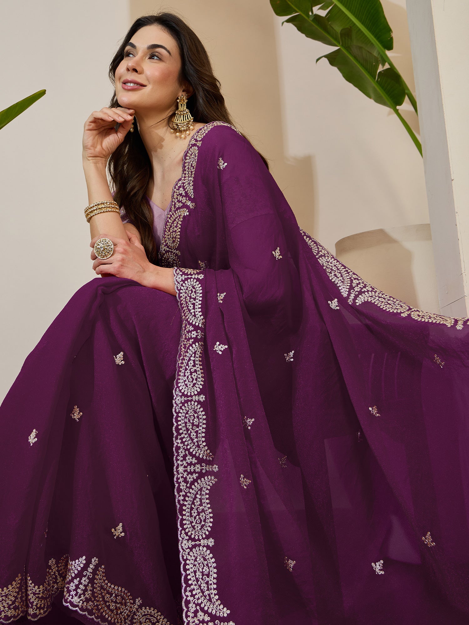 Women's Tissue Wine Zari Embroidered Designer Saree With Blouse Piece