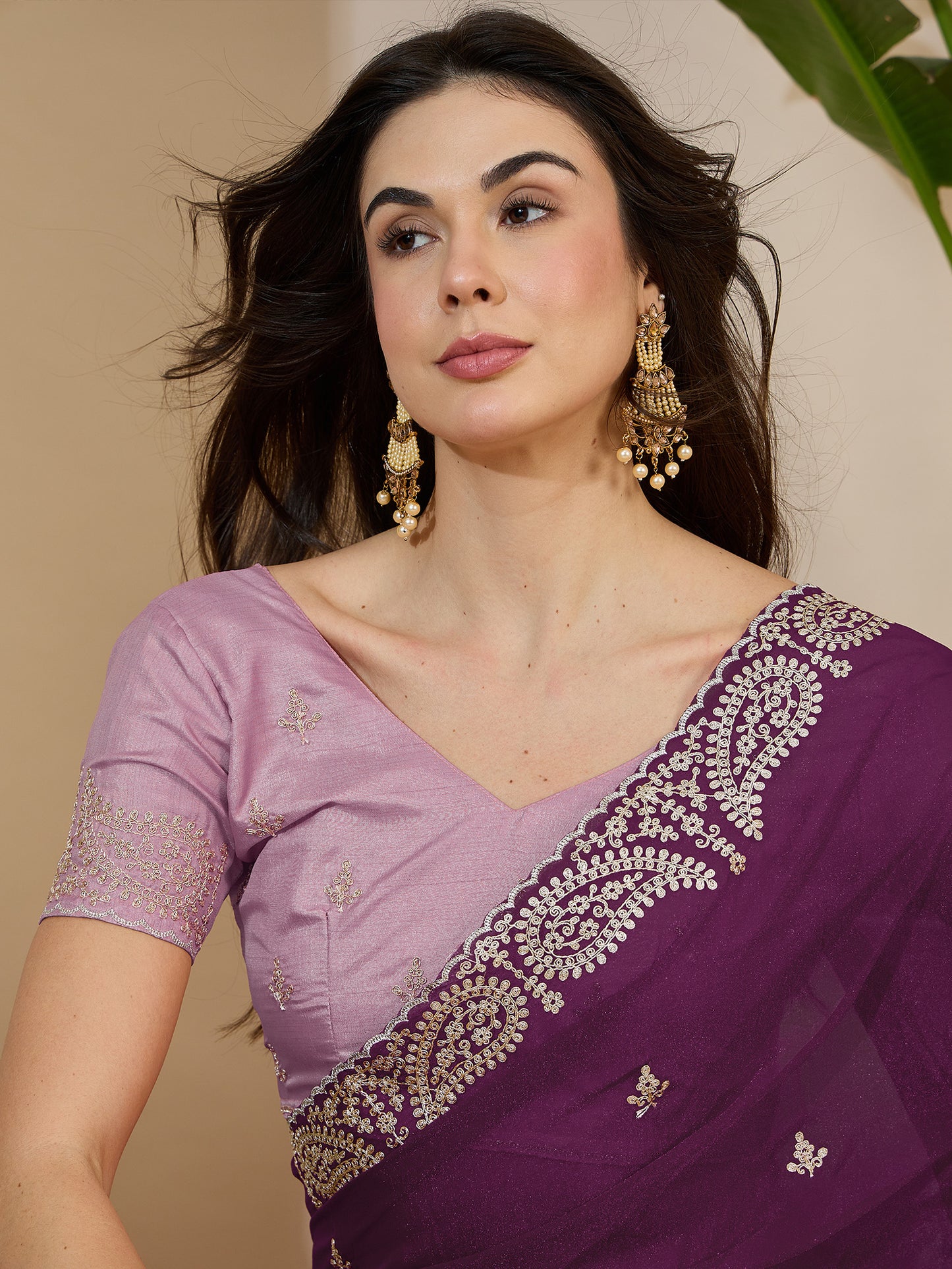 Women's Tissue Wine Zari Embroidered Designer Saree With Blouse Piece