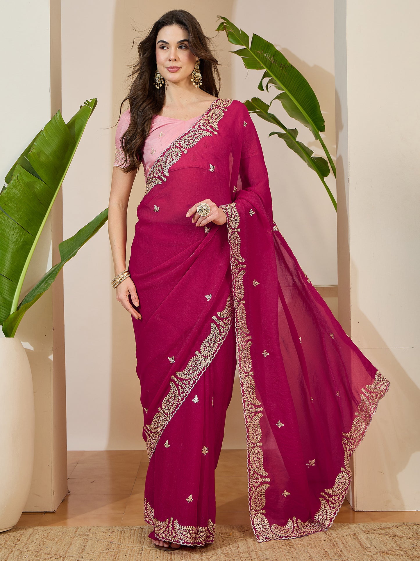 Women's Tissue Pink Zari Embroidered Designer Saree With Blouse Piece