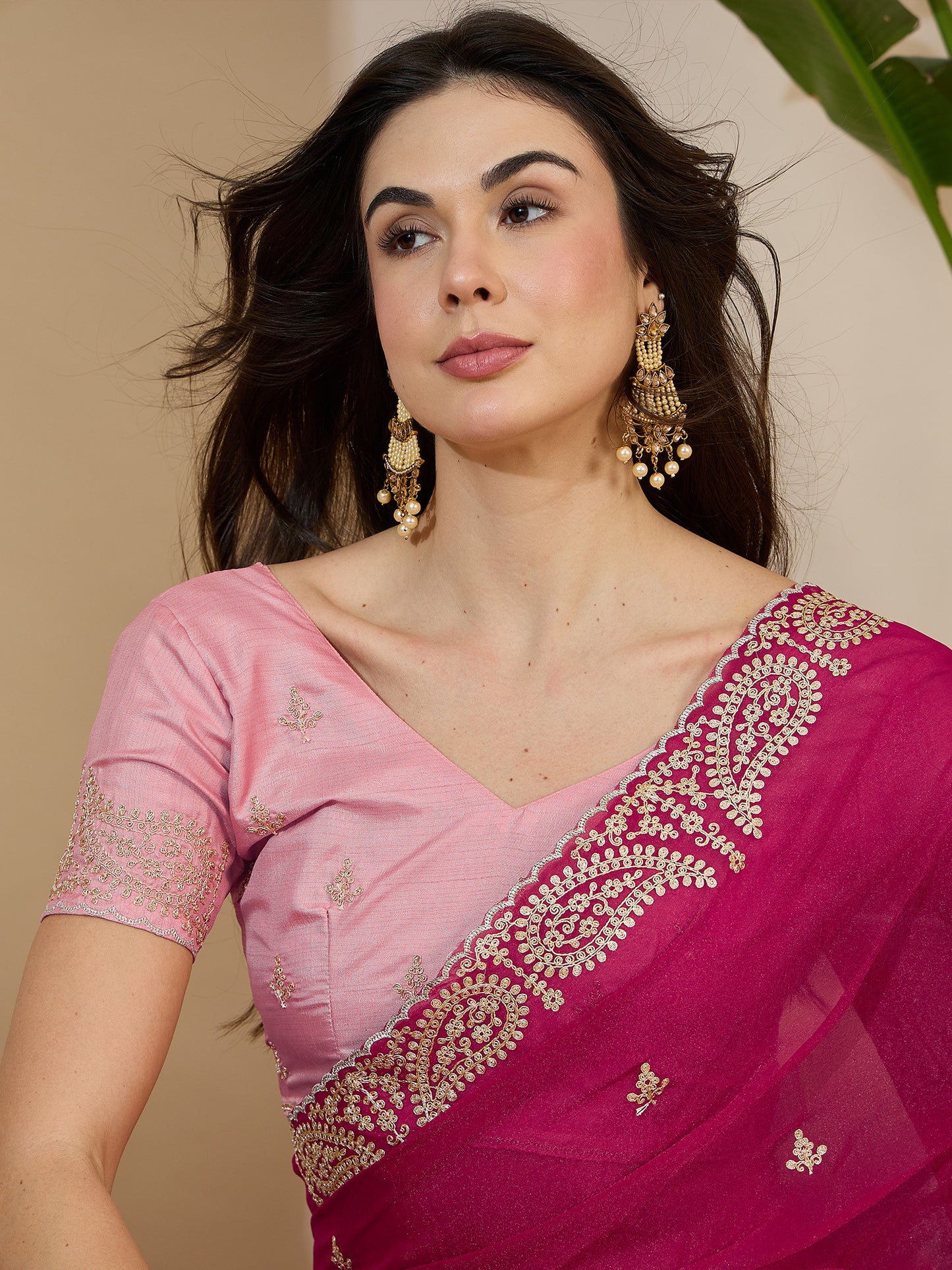 Women's Tissue Pink Zari Embroidered Designer Saree With Blouse Piece