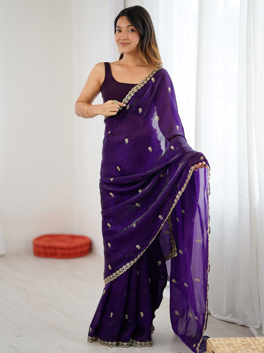 Women's Satin Purple Embellished Designer Saree With Blouse Piece