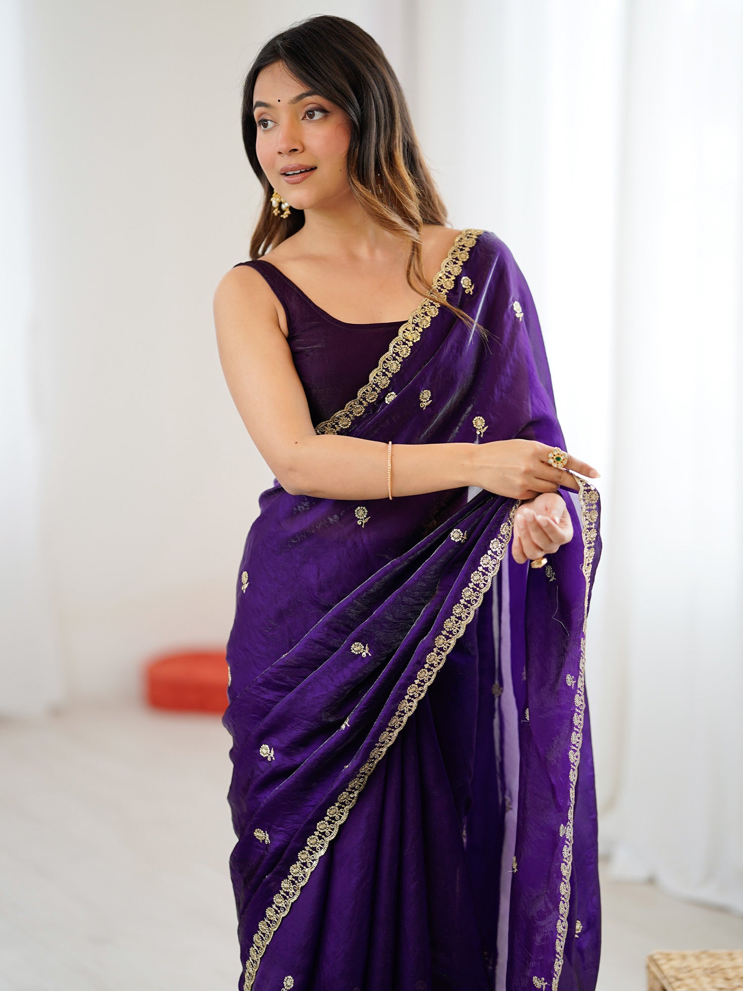 Women's Satin Purple Embellished Designer Saree With Blouse Piece