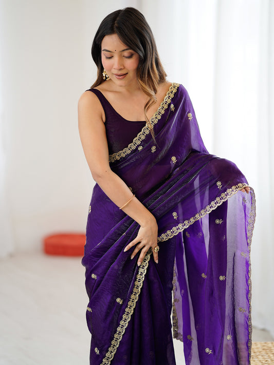 Women's Satin Purple Embellished Designer Saree With Blouse Piece