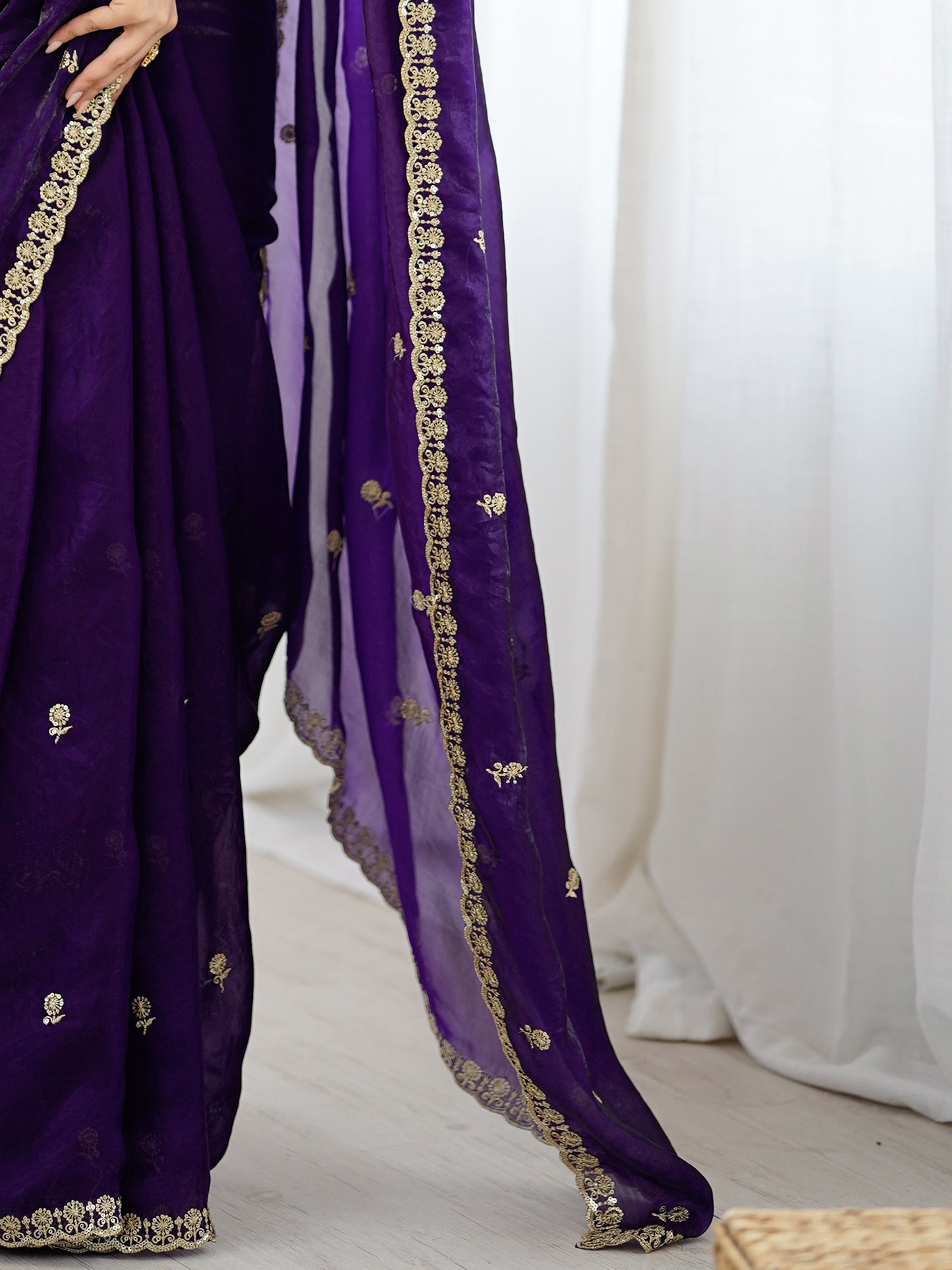 Women's Satin Purple Embellished Designer Saree With Blouse Piece