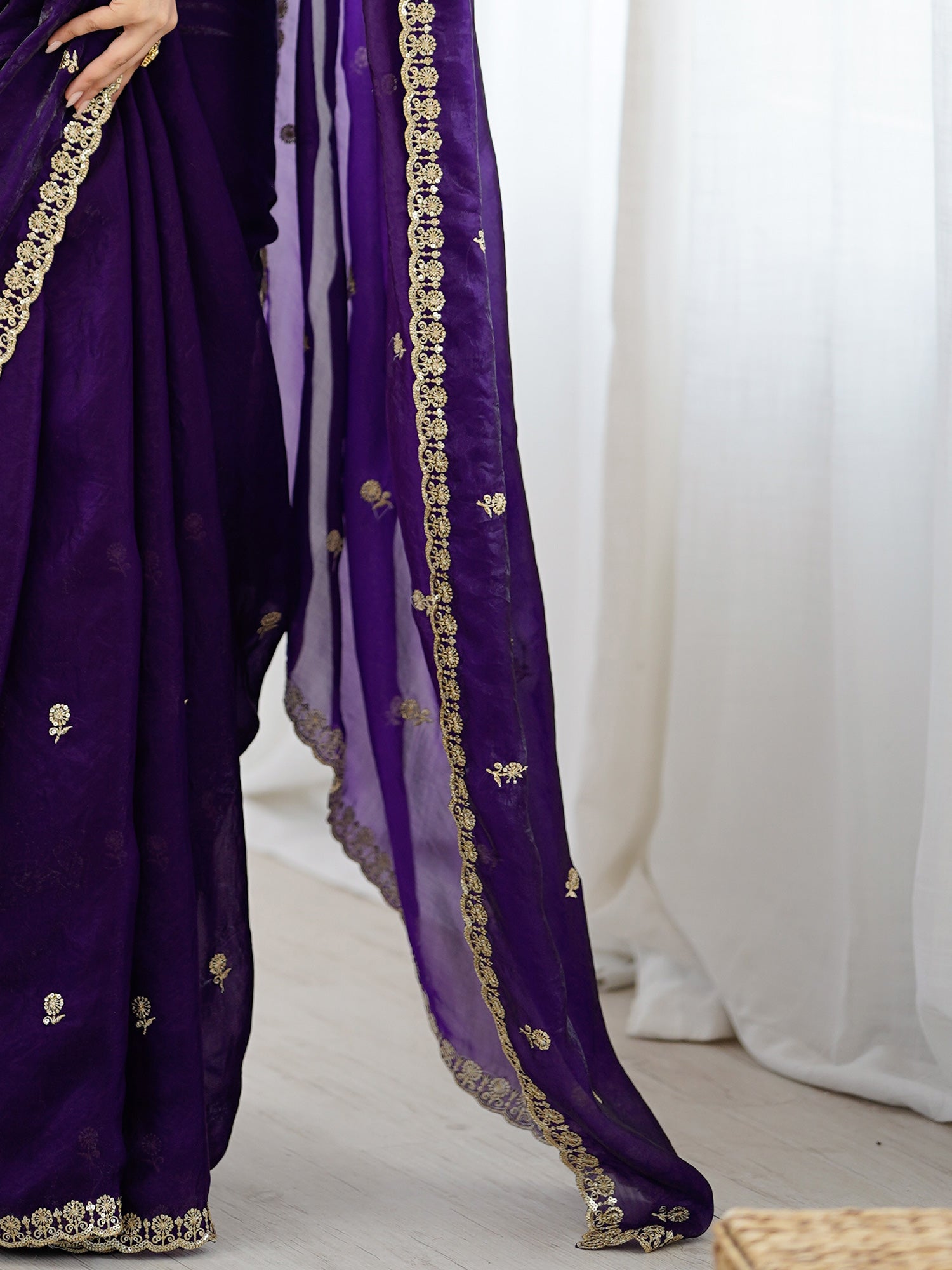 Women's Satin Purple Embellished Designer Saree With Blouse Piece