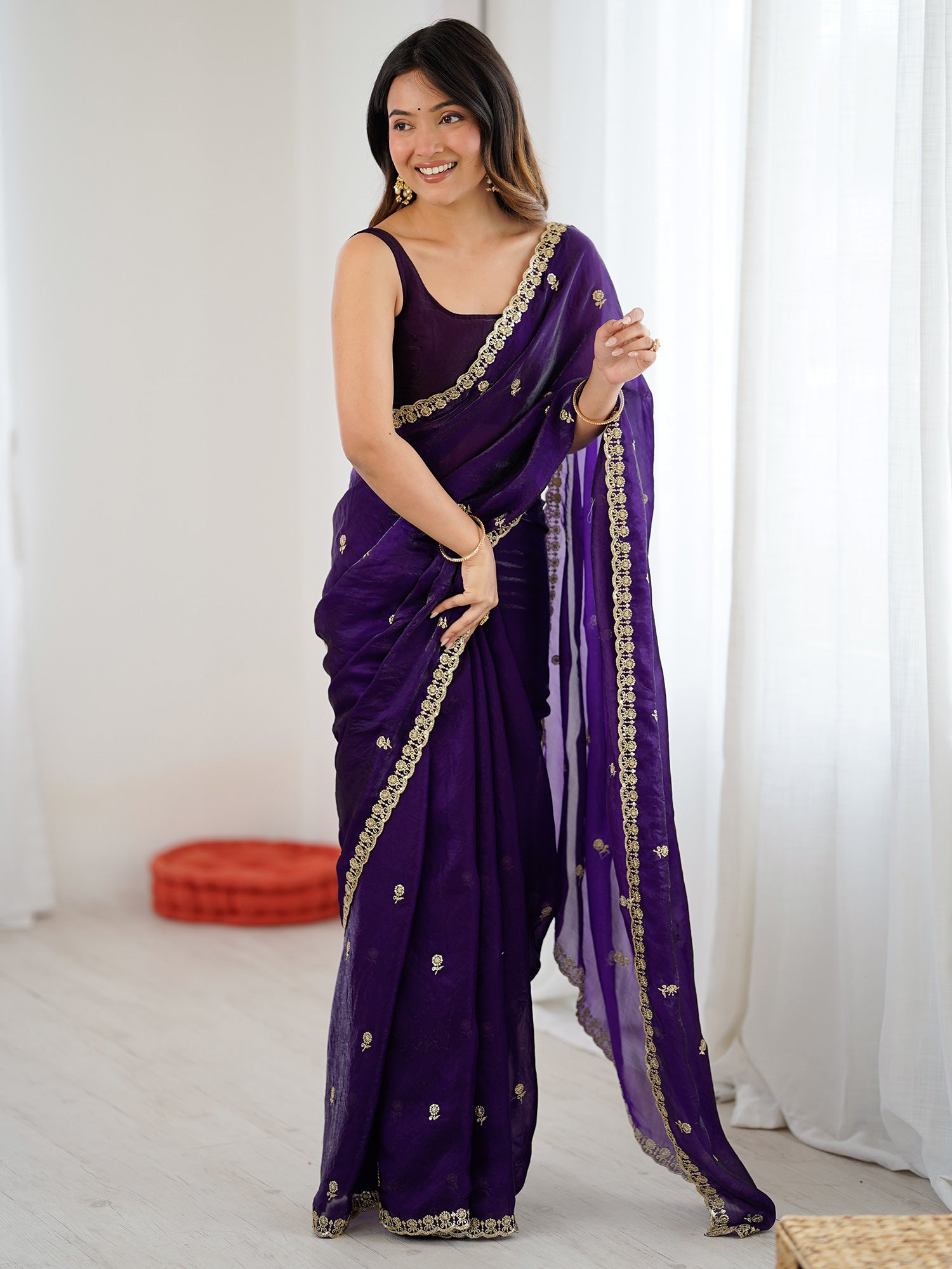 Women's Satin Purple Embellished Designer Saree With Blouse Piece