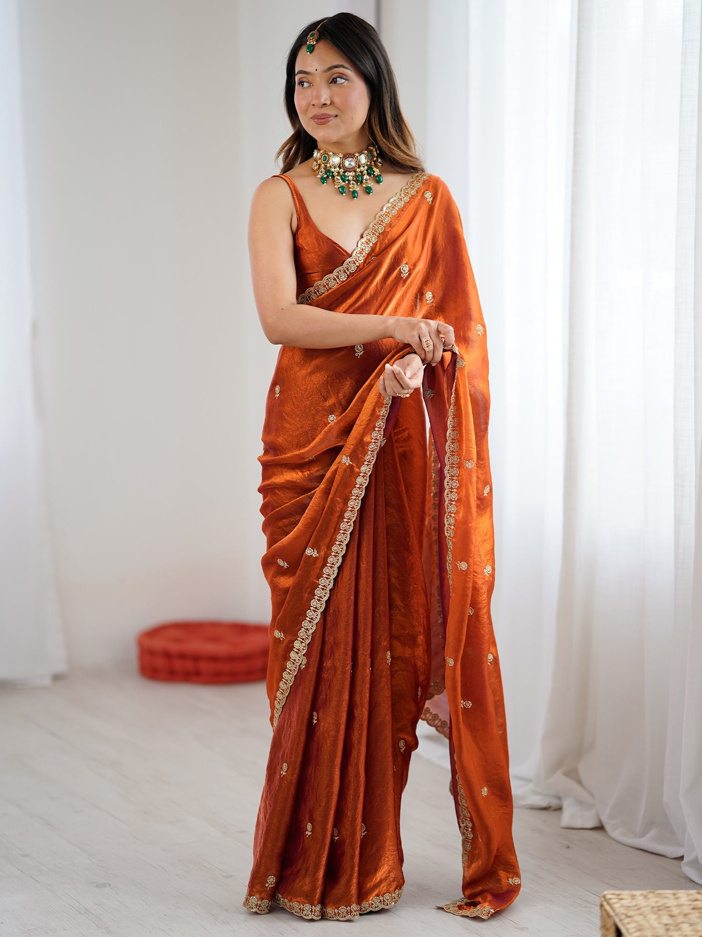 Women's Satin Orange Embellished Designer Saree With Blouse Piece