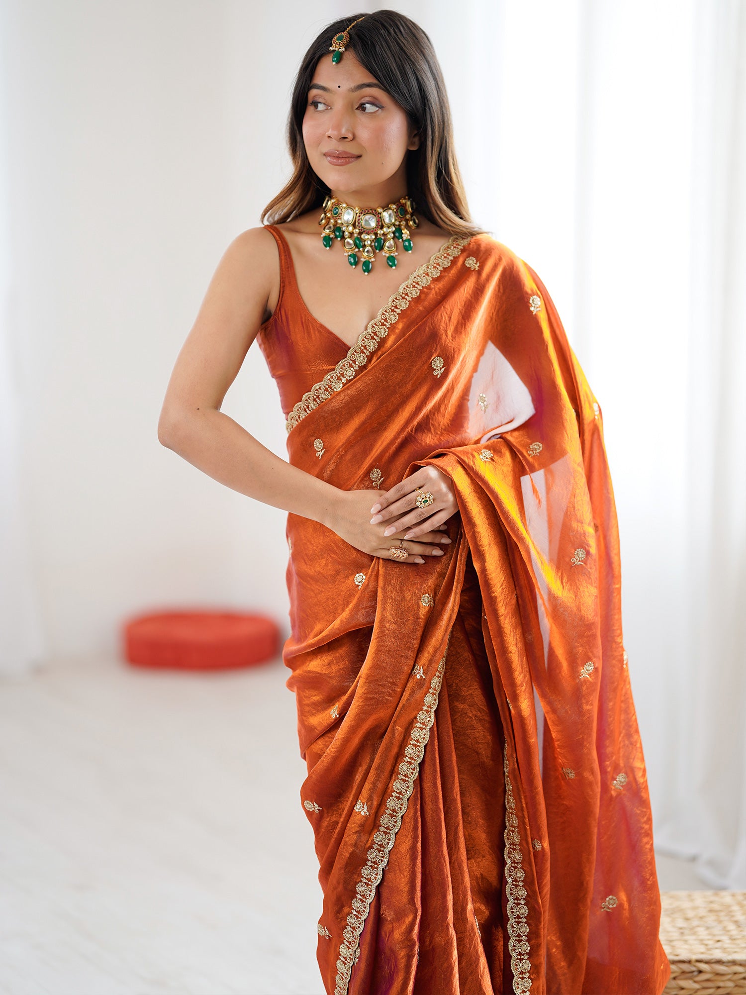 Women's Satin Orange Embellished Designer Saree With Blouse Piece