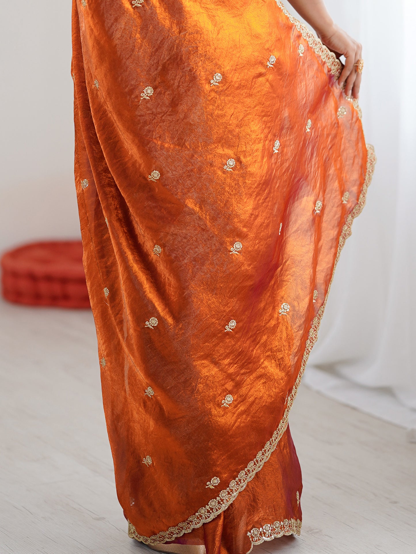 Women's Satin Orange Embellished Designer Saree With Blouse Piece