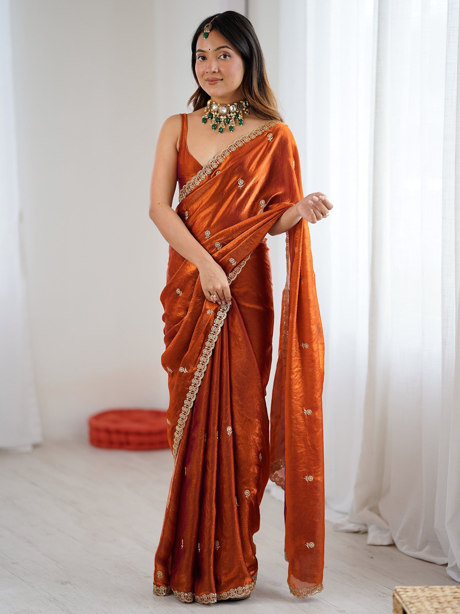 Women's Satin Orange Embellished Designer Saree With Blouse Piece