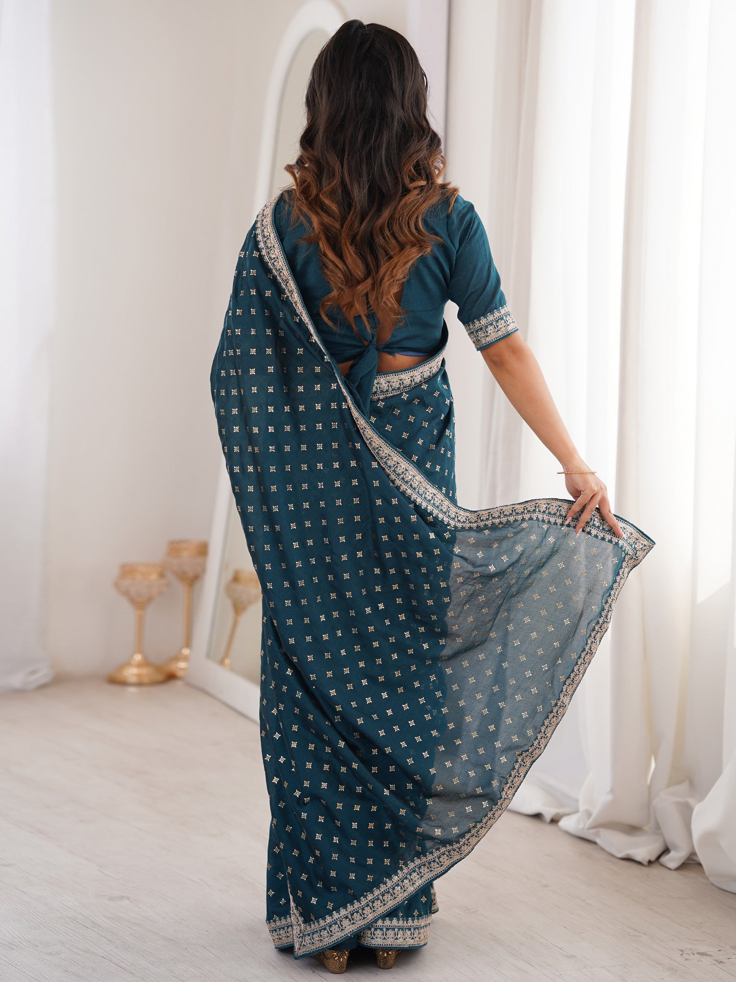 Women's Vichitra Silk Teal blue Embellished Designer Saree With Blouse Piece