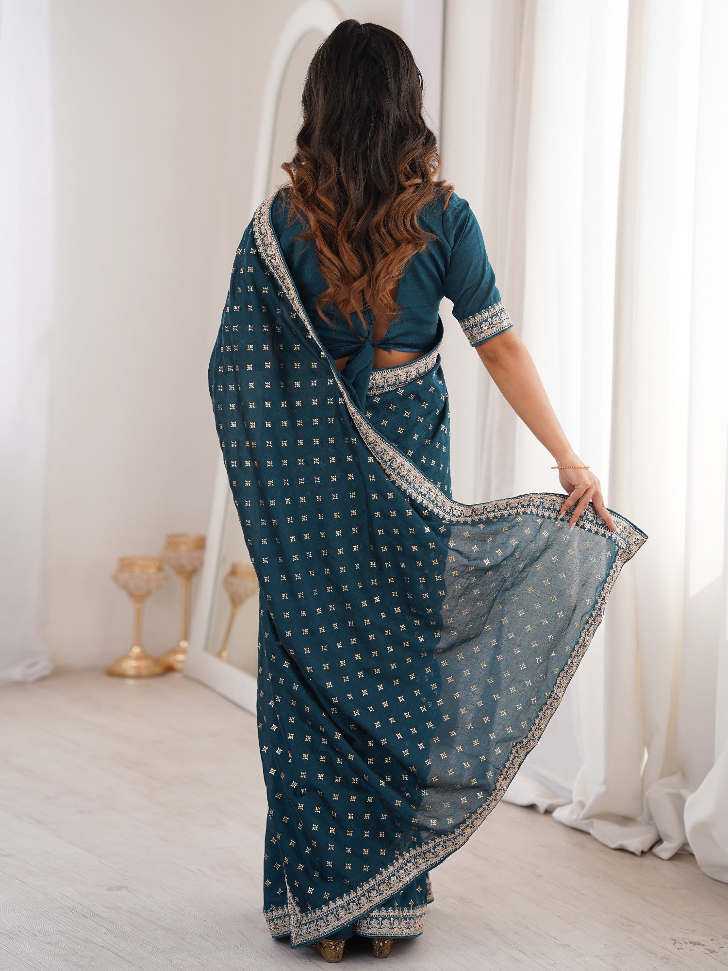 Women's Vichitra Silk Teal blue Embellished Designer Saree With Blouse Piece