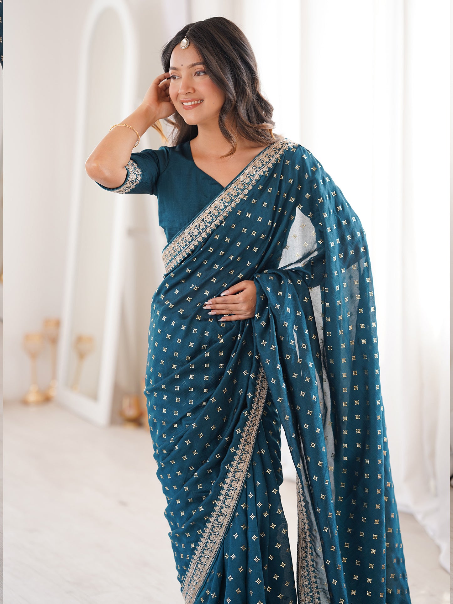 Women's Vichitra Silk Teal blue Embellished Designer Saree With Blouse Piece