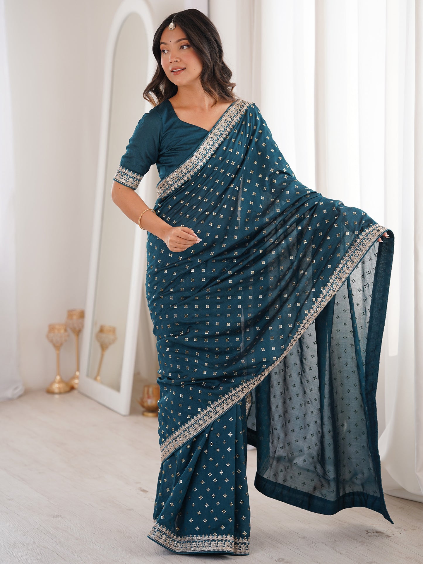 Women's Vichitra Silk Teal blue Embellished Designer Saree With Blouse Piece