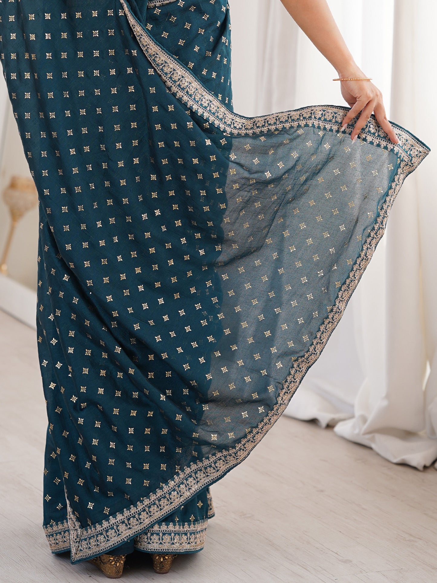 Women's Vichitra Silk Teal blue Embellished Designer Saree With Blouse Piece