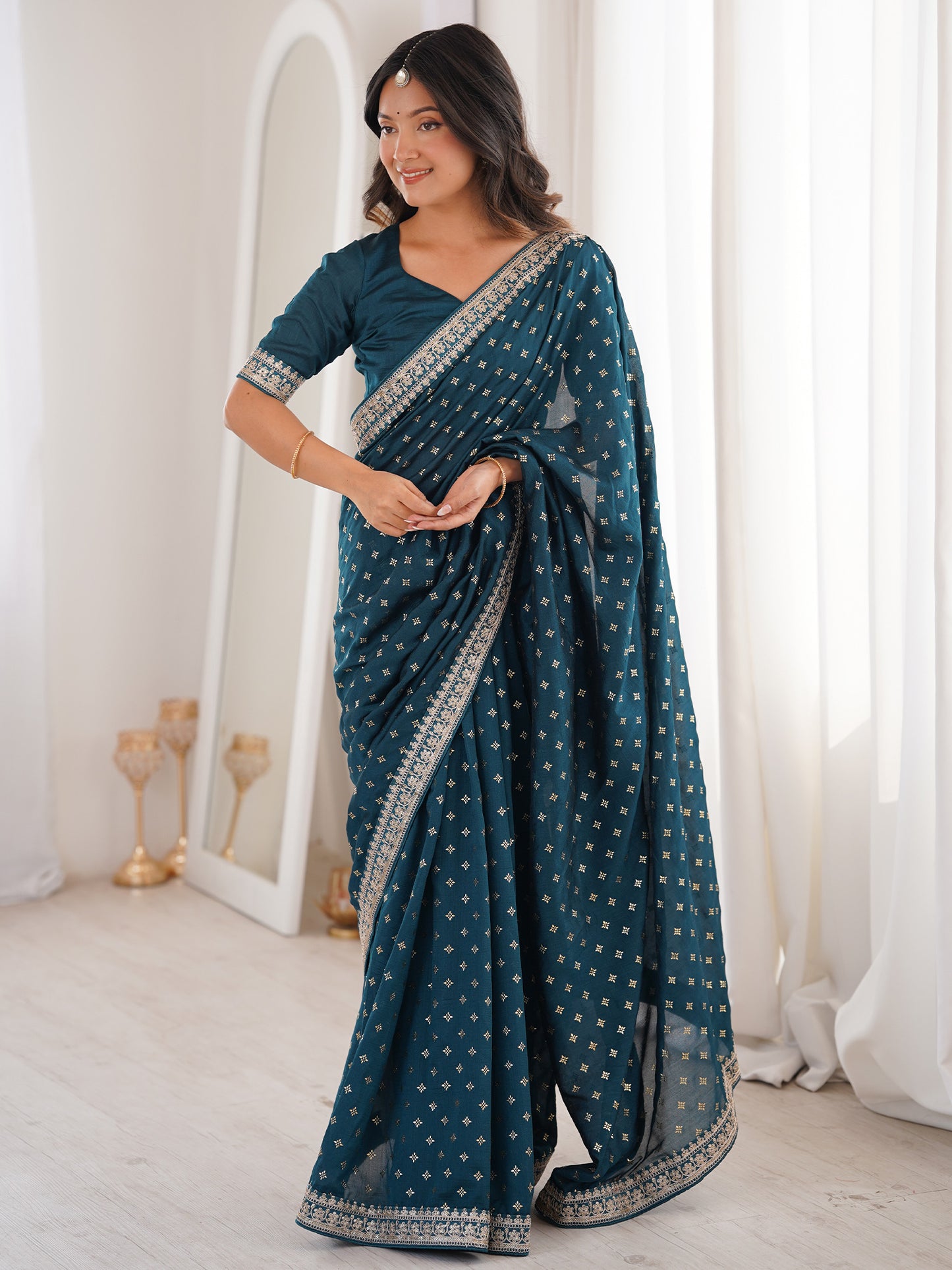 Women's Vichitra Silk Teal blue Embellished Designer Saree With Blouse Piece