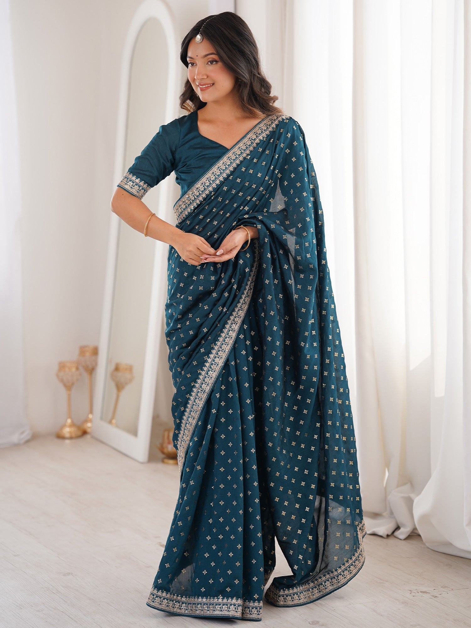 Women's Vichitra Silk Teal blue Embellished Designer Saree With Blouse Piece