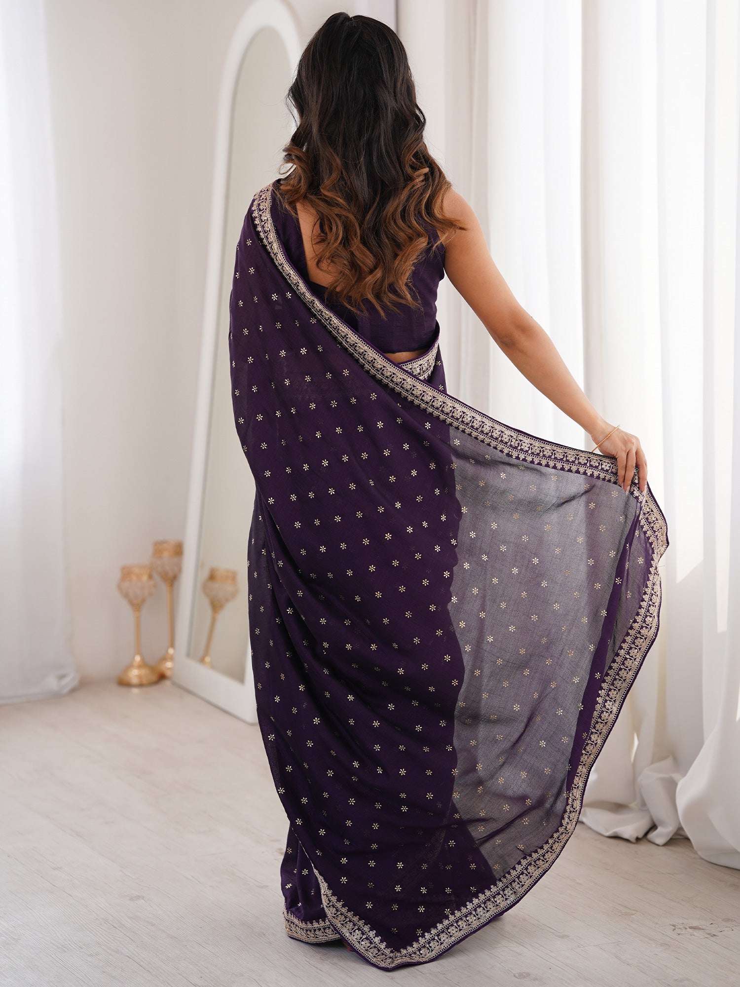 Women's Vichitra Silk Wine Embellished Designer Saree With Blouse Piece