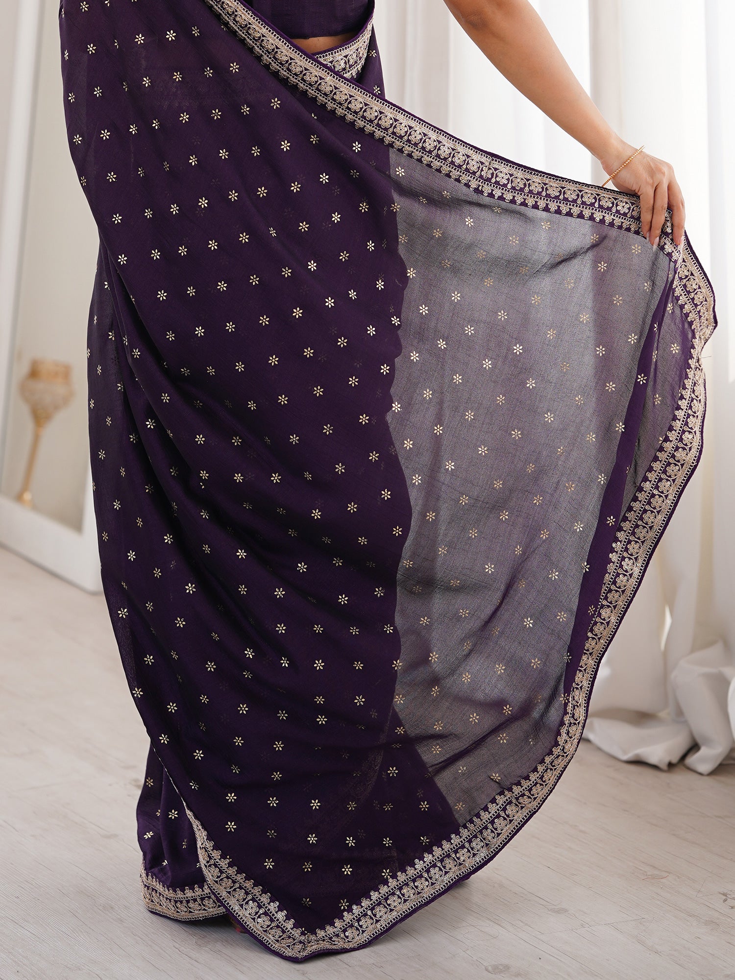 Women's Vichitra Silk Wine Embellished Designer Saree With Blouse Piece