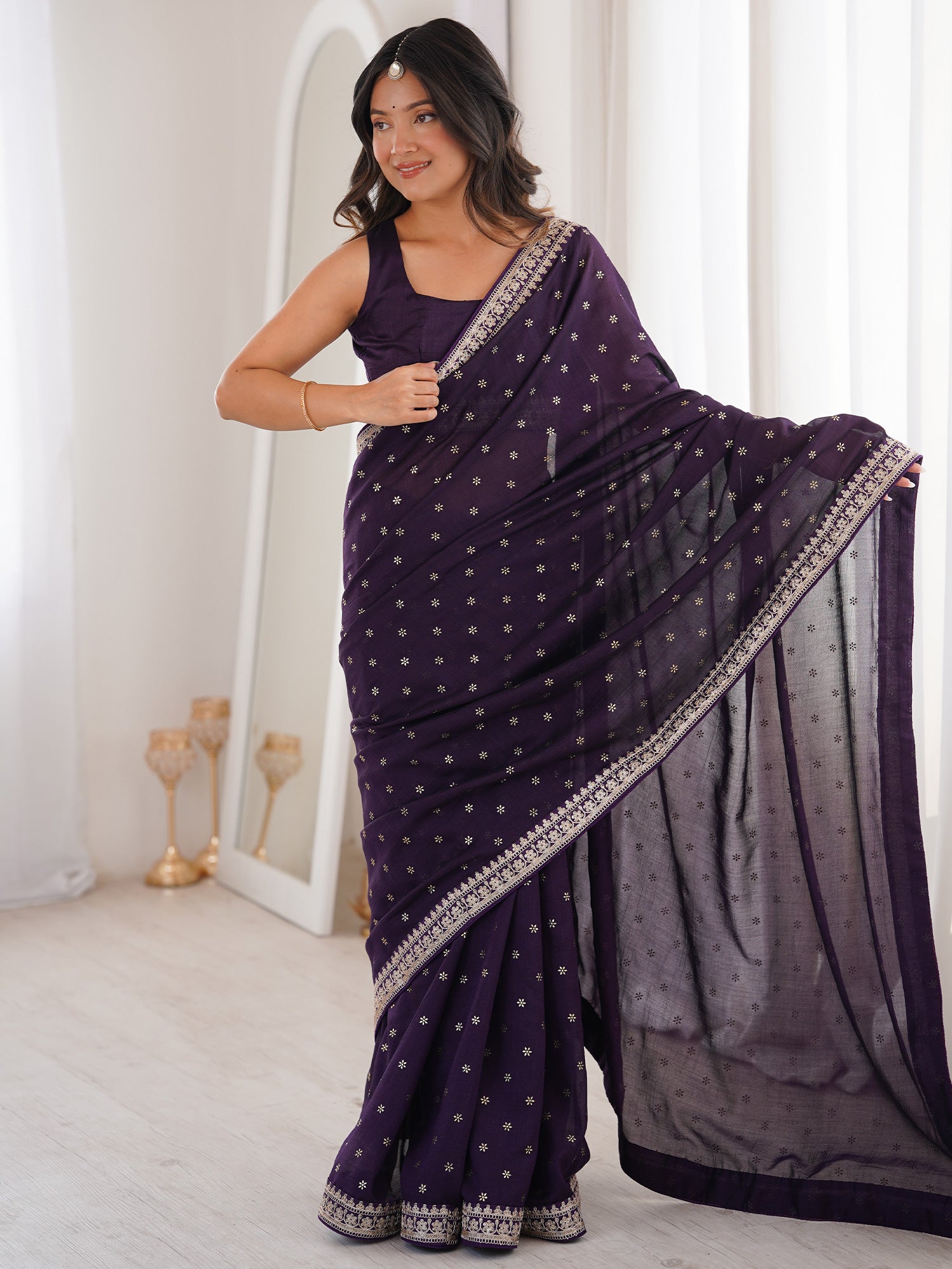 Women's Vichitra Silk Wine Embellished Designer Saree With Blouse Piece