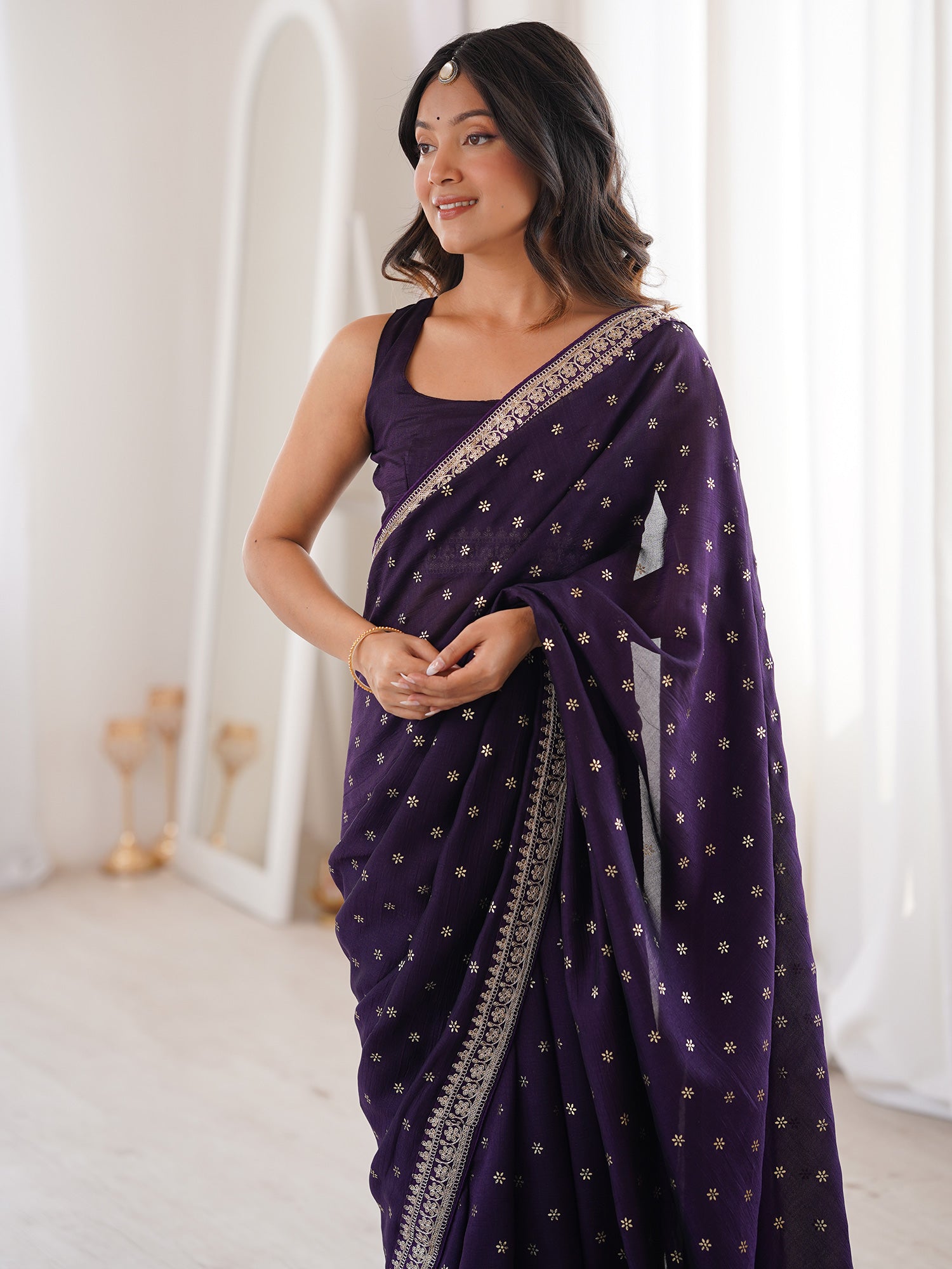 Women's Vichitra Silk Wine Embellished Designer Saree With Blouse Piece