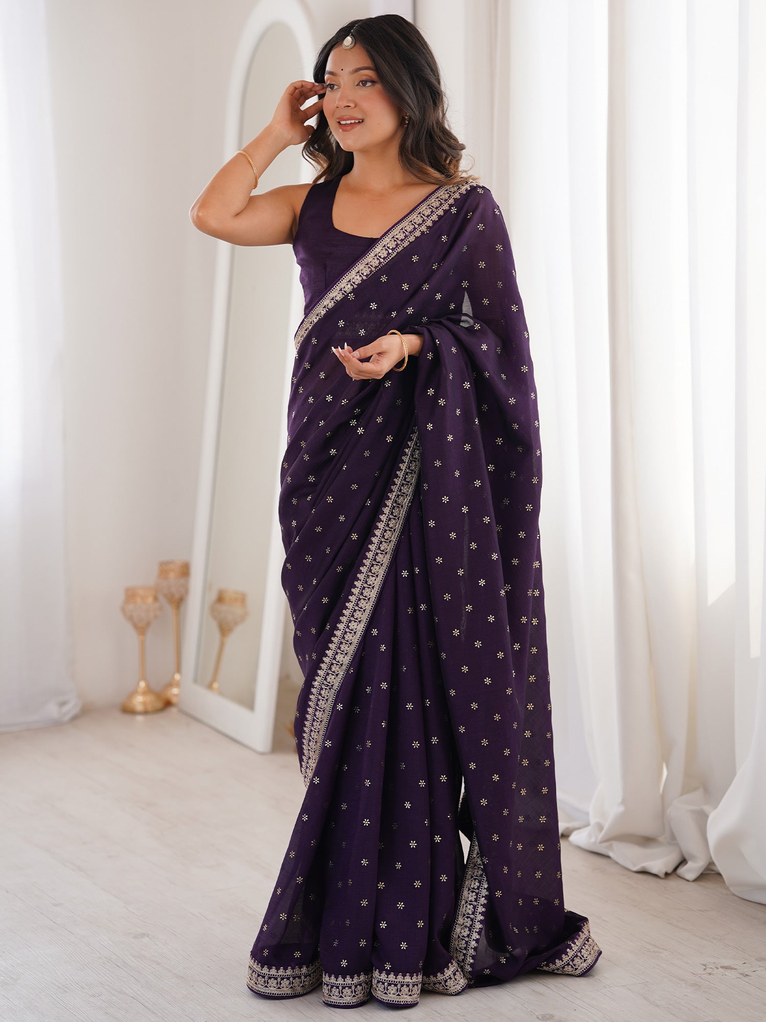Women's Vichitra Silk Wine Embellished Designer Saree With Blouse Piece