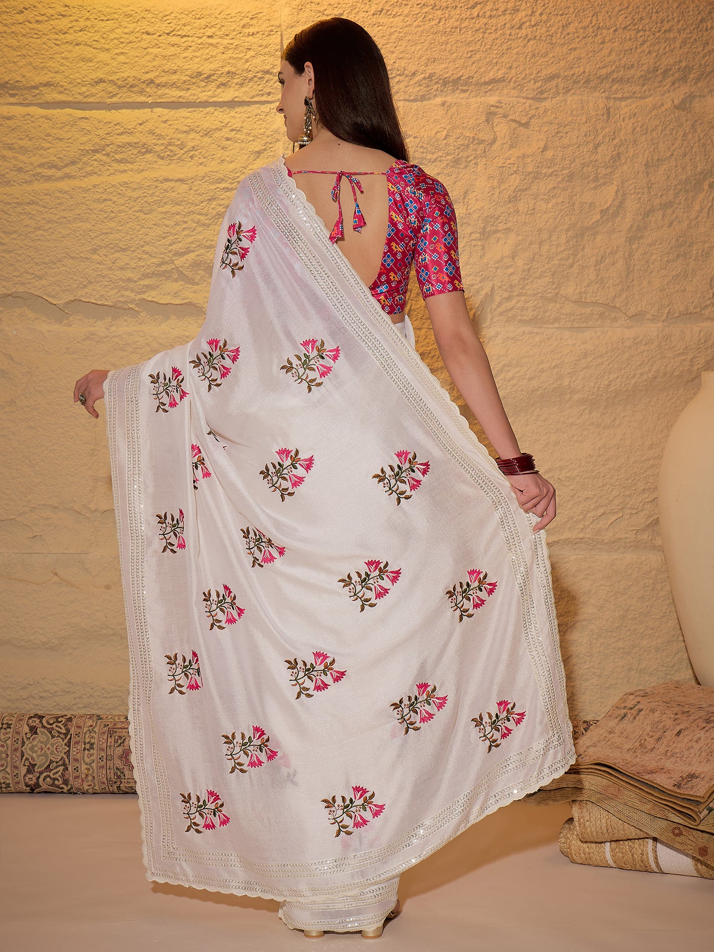 Women's Vichitra Silk White Embellished Designer Saree With Blouse Piece