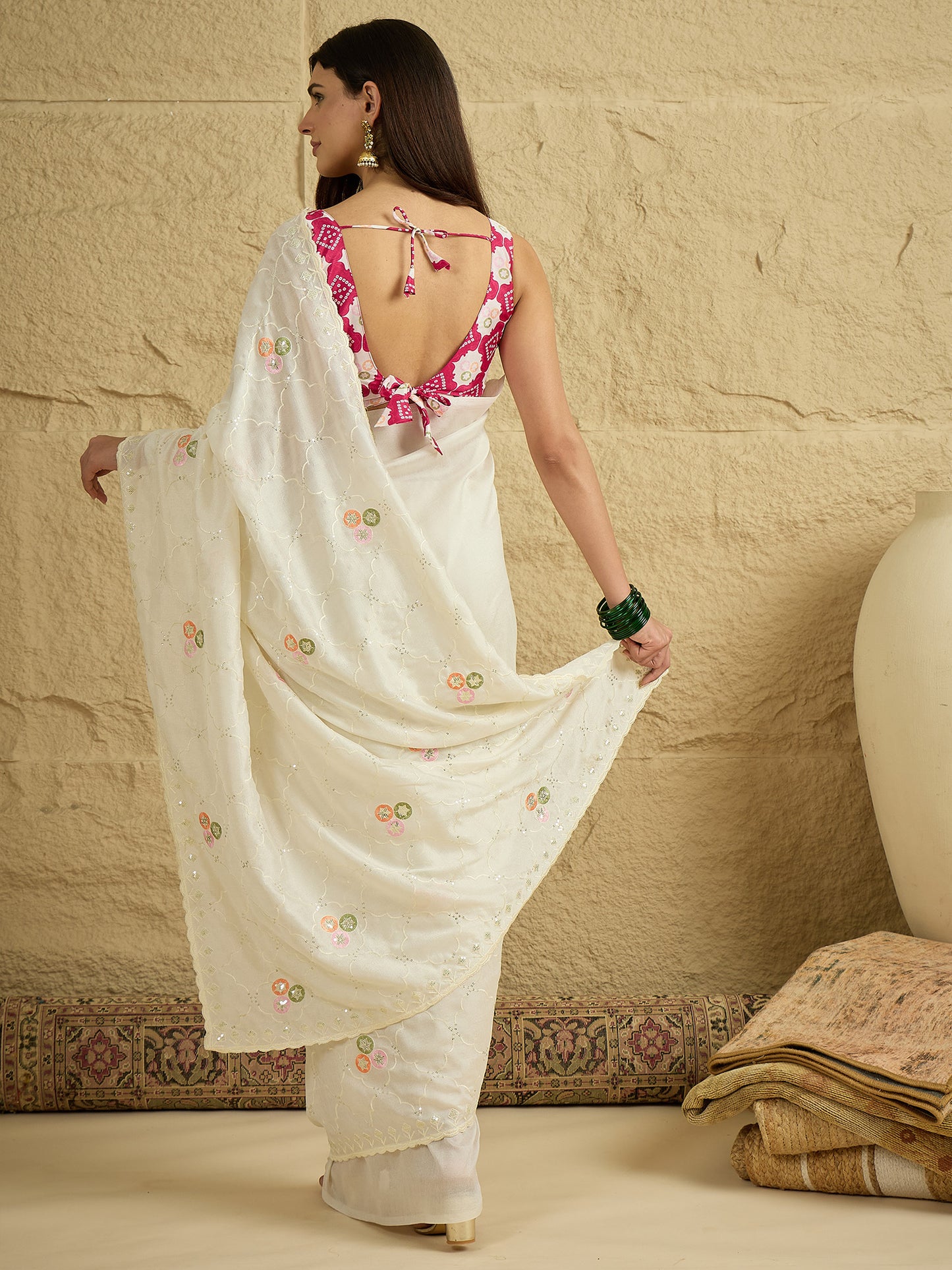 Women's Vichitra Silk Off White Embellished Designer Saree With Blouse Piece