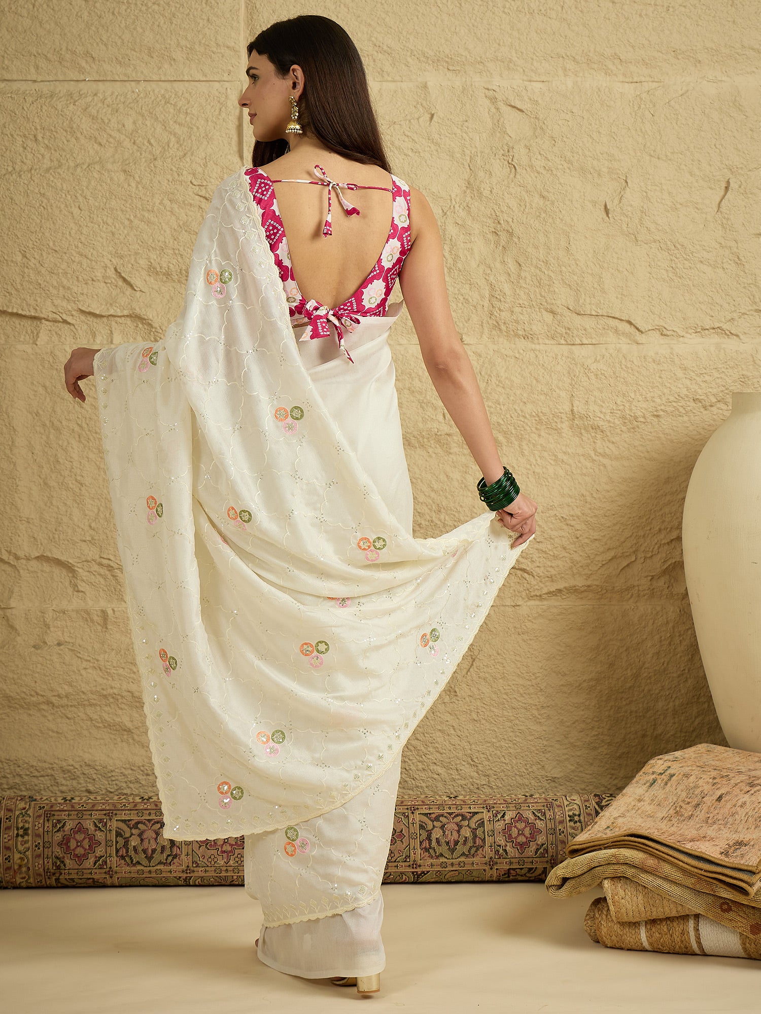 Women's Vichitra Silk Off White Embellished Designer Saree With Blouse Piece