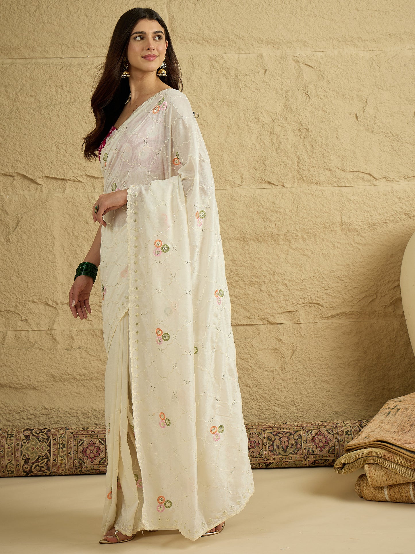 Women's Vichitra Silk Off White Embellished Designer Saree With Blouse Piece