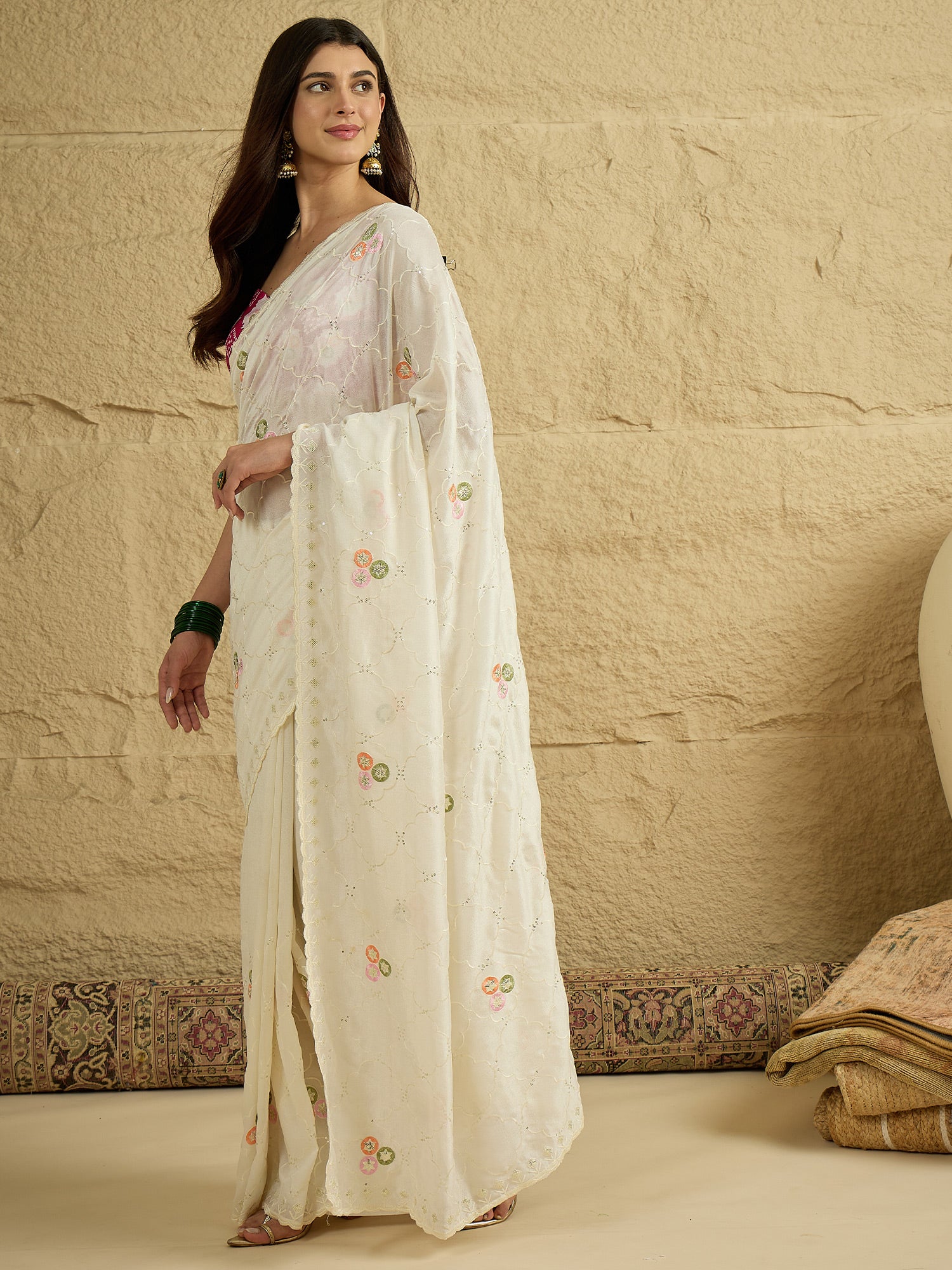 Women's Vichitra Silk Off White Embellished Designer Saree With Blouse Piece