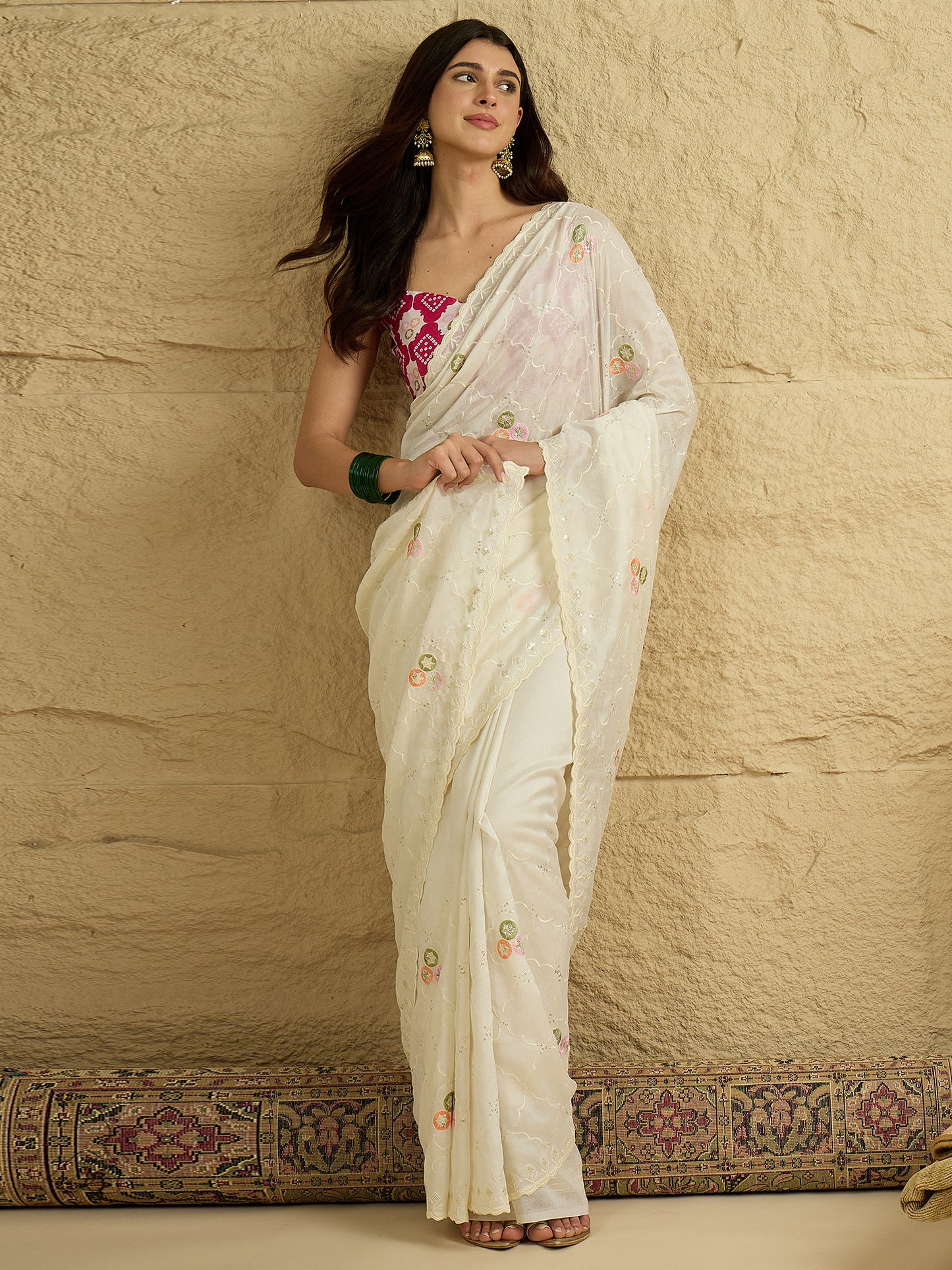 Women's Vichitra Silk Off White Embellished Designer Saree With Blouse Piece
