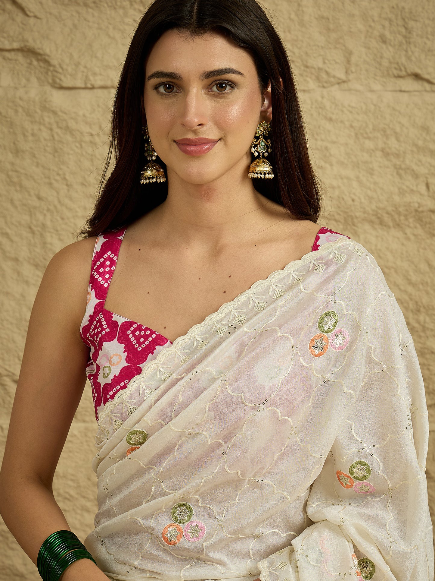 Women's Vichitra Silk Off White Embellished Designer Saree With Blouse Piece