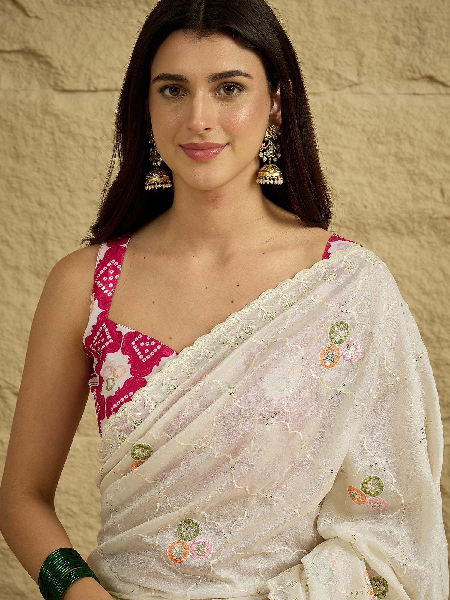 Women's Vichitra Silk Off White Embellished Designer Saree With Blouse Piece