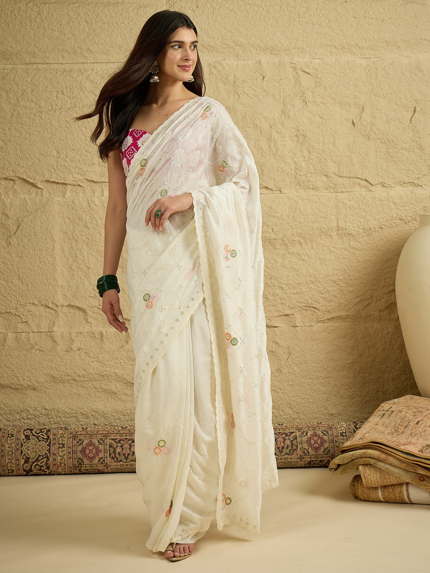 Women's Vichitra Silk Off White Embellished Designer Saree With Blouse Piece