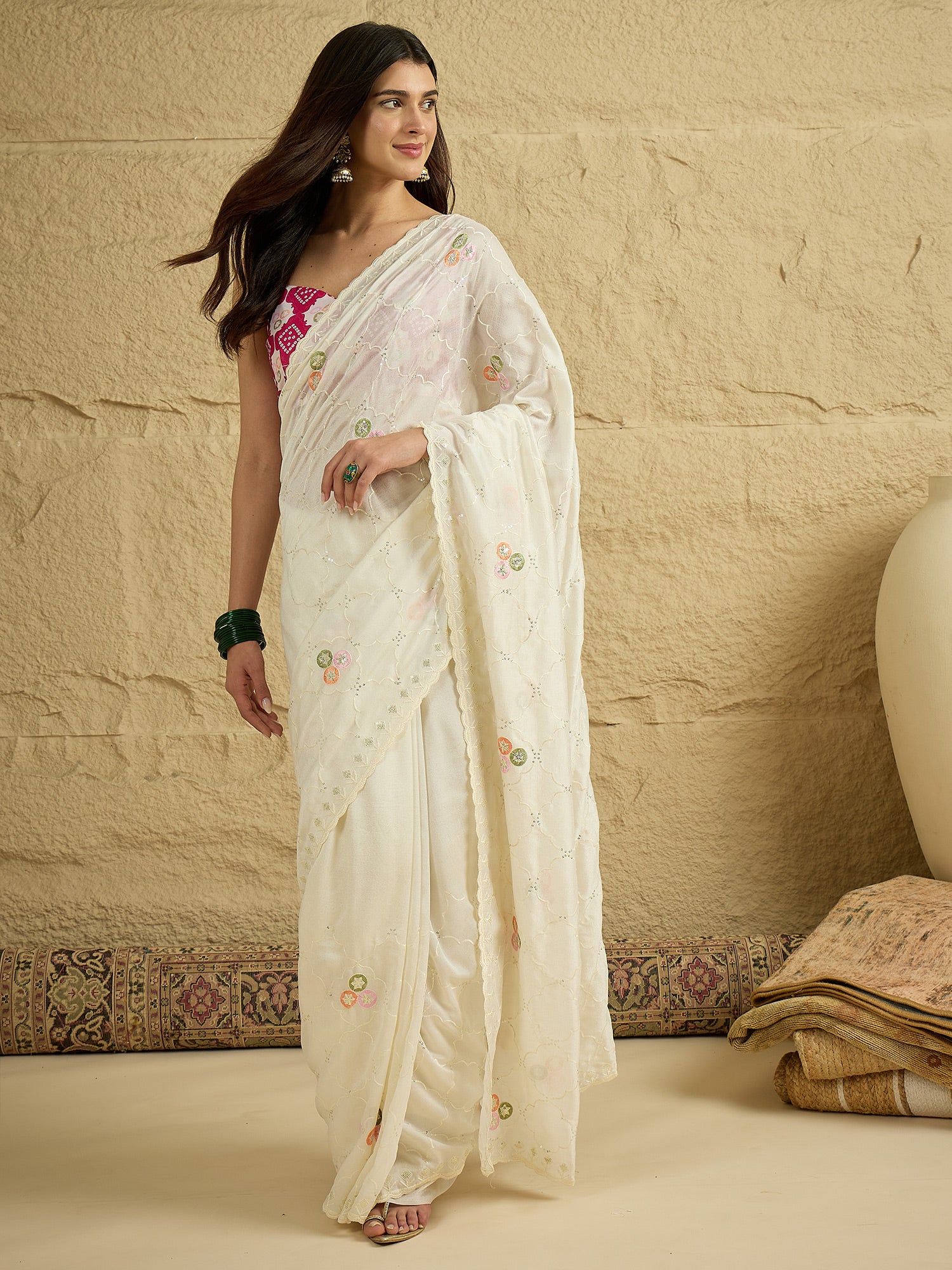Women's Vichitra Silk Off White Embellished Designer Saree With Blouse Piece