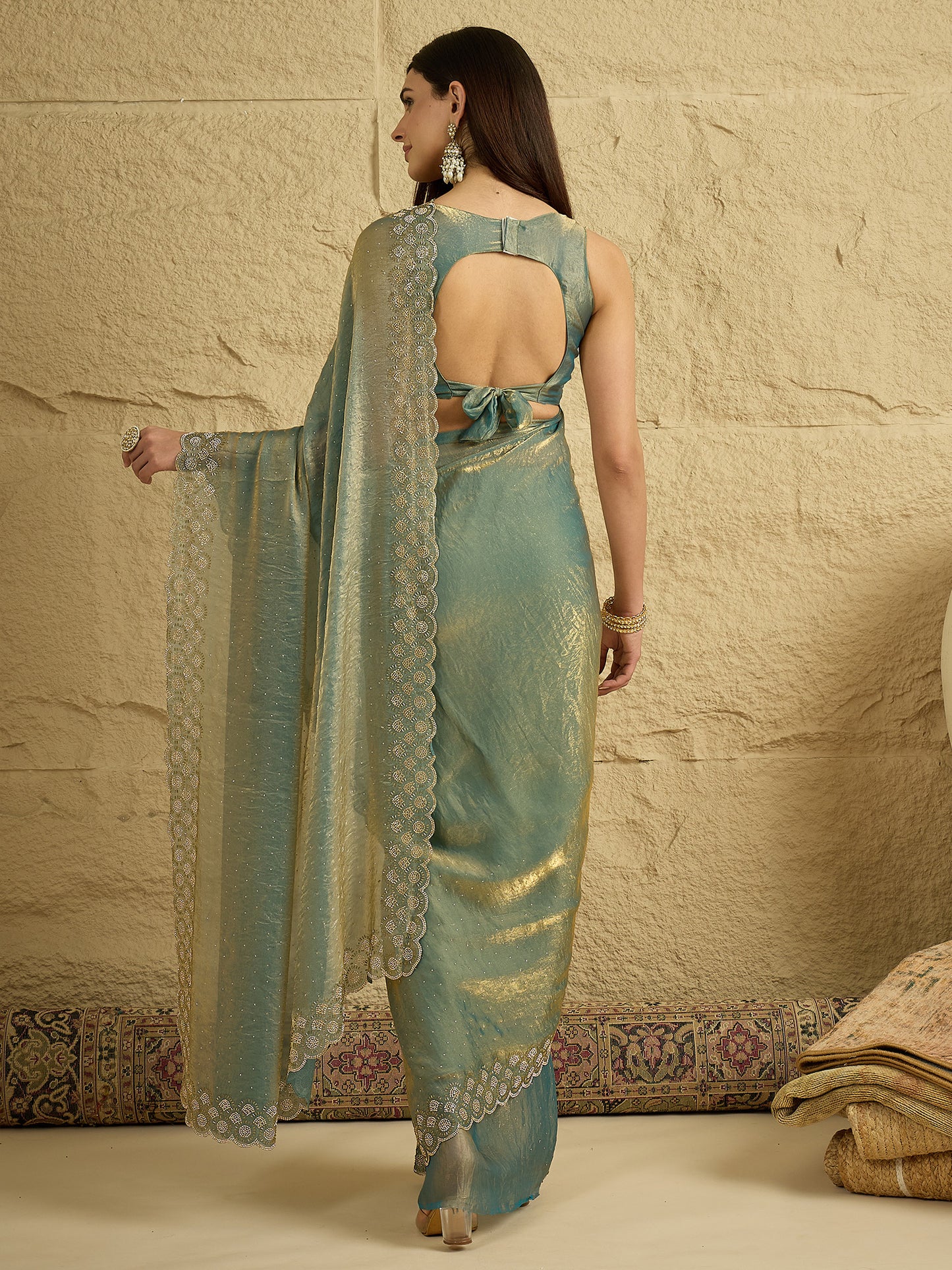 Women's Satin Silk Metallic Embellished Designer Saree With Blouse Piece