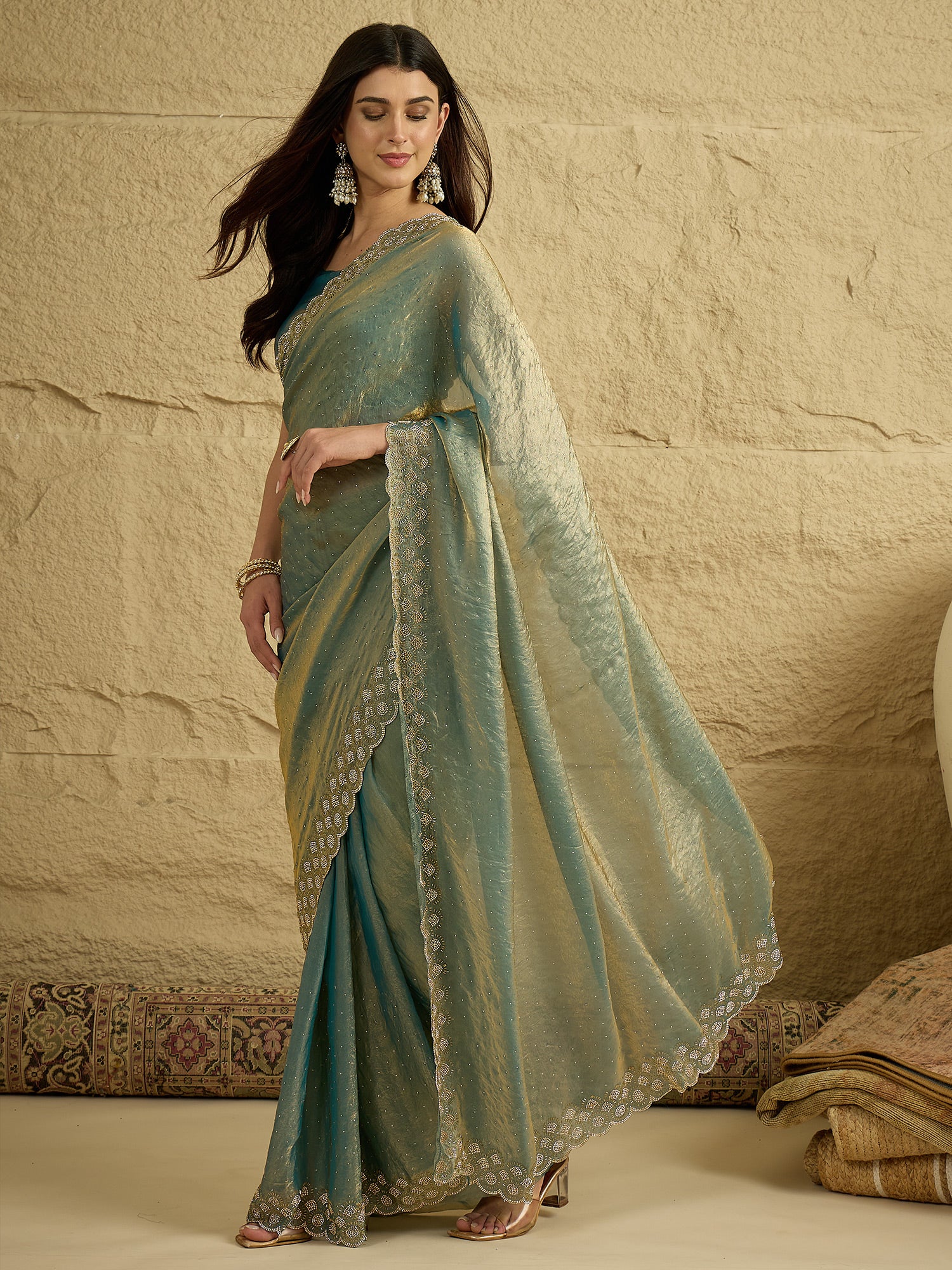 Women's Satin Silk Metallic Embellished Designer Saree With Blouse Piece